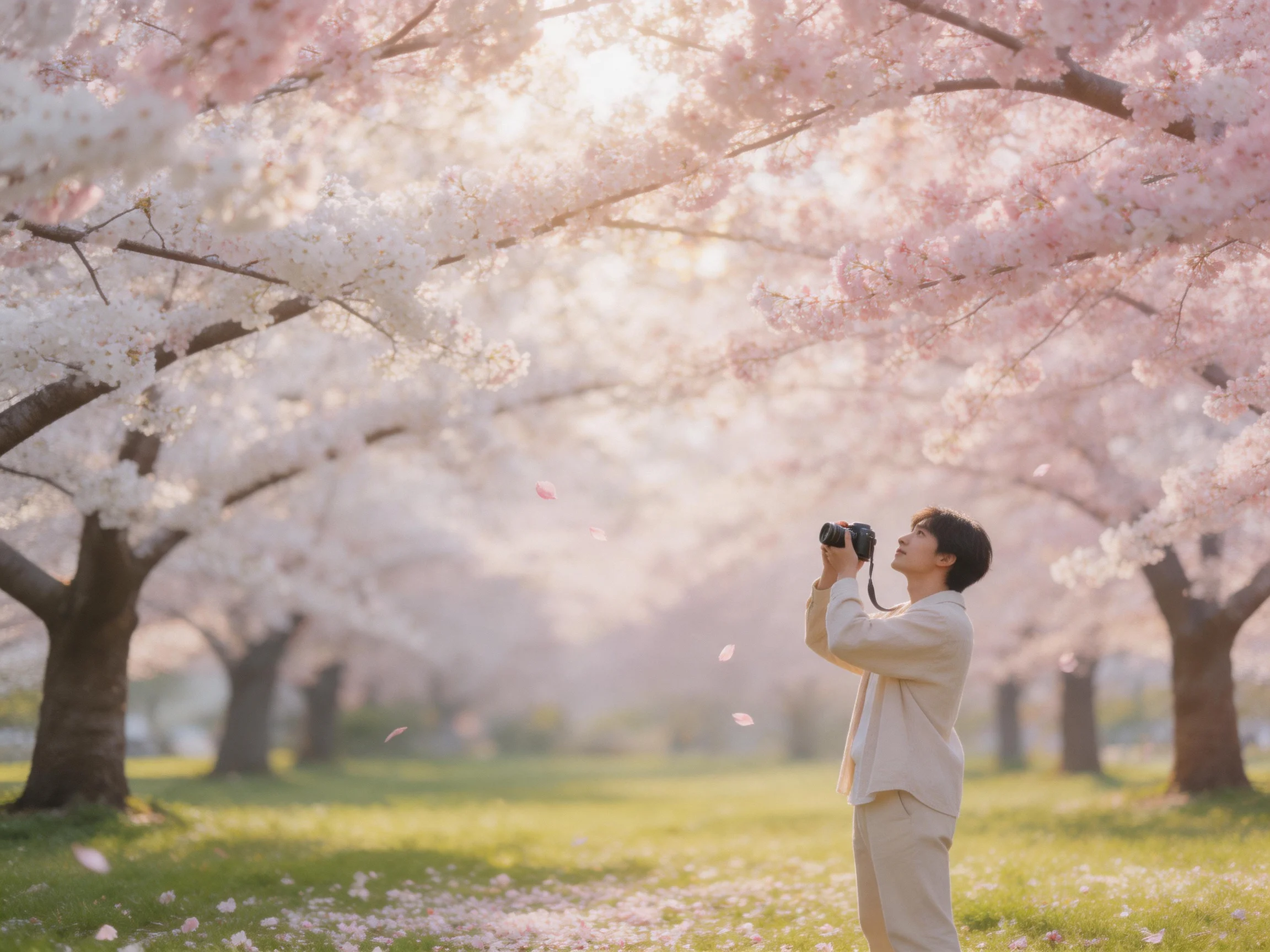 A man photographing cherry blossoms in a pink and white flowered grove