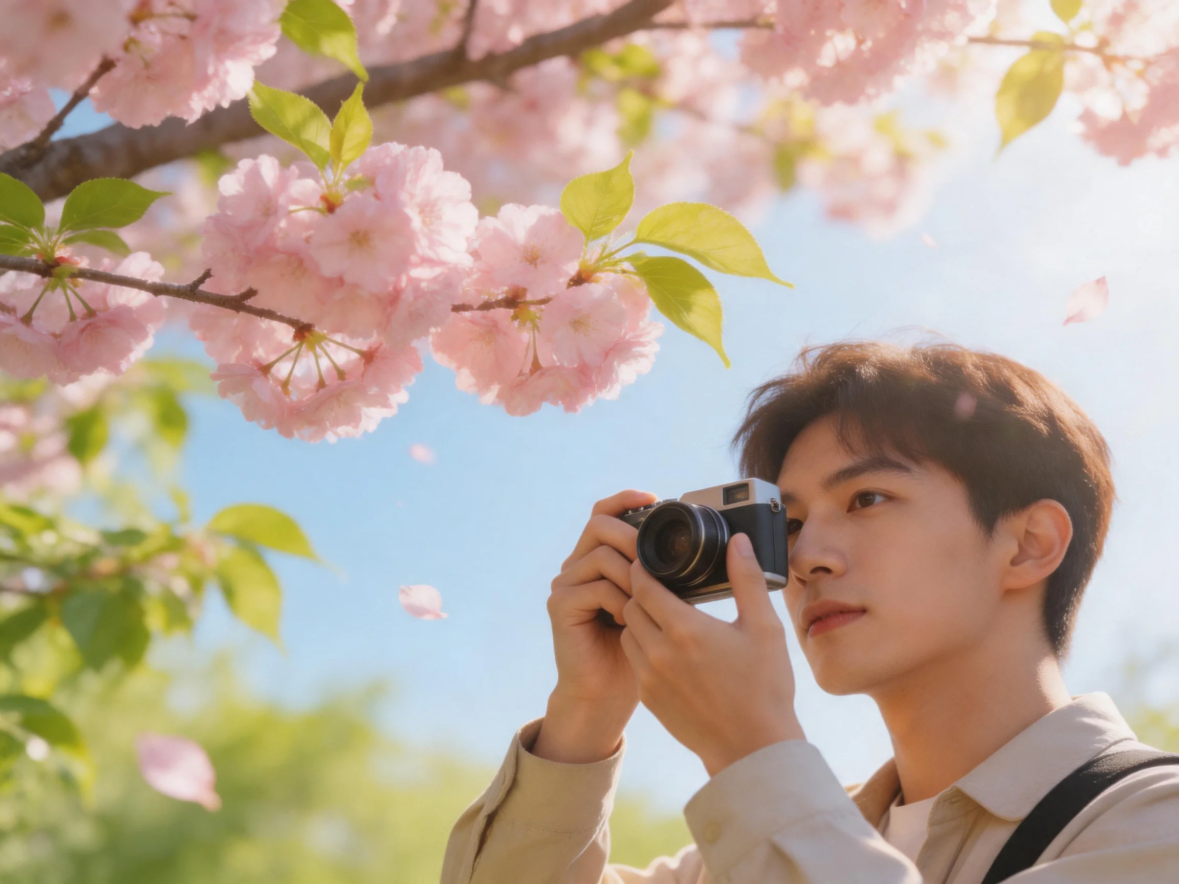 A man photographing pink cherry blossom branches under clear sky