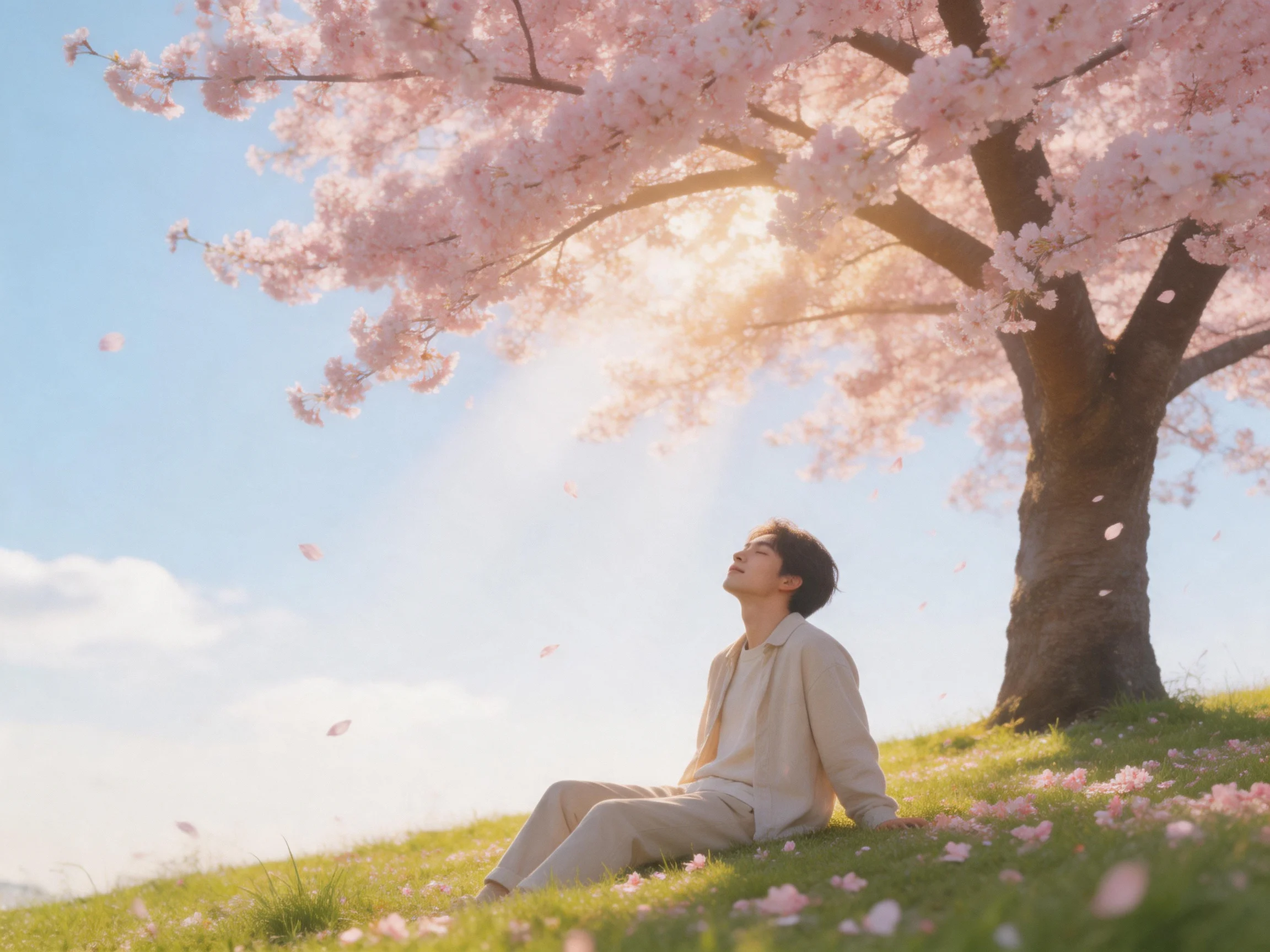 A man relaxes beneath a large pink cherry blossom tree on a sunlit hill