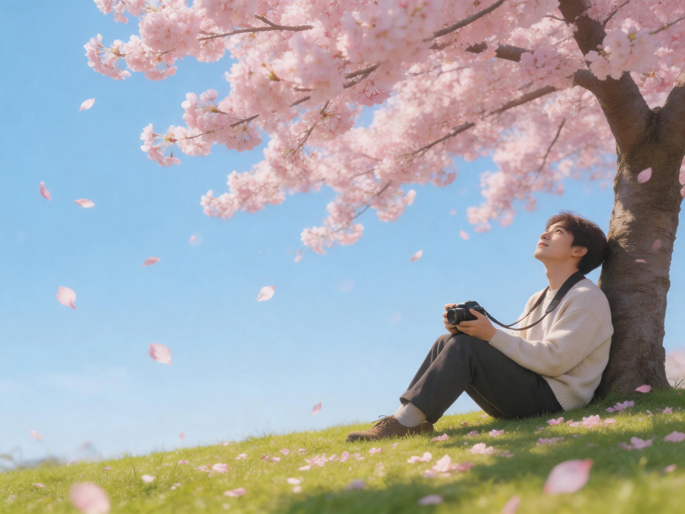 A man sits beneath a blooming cherry blossom tree with falling petals