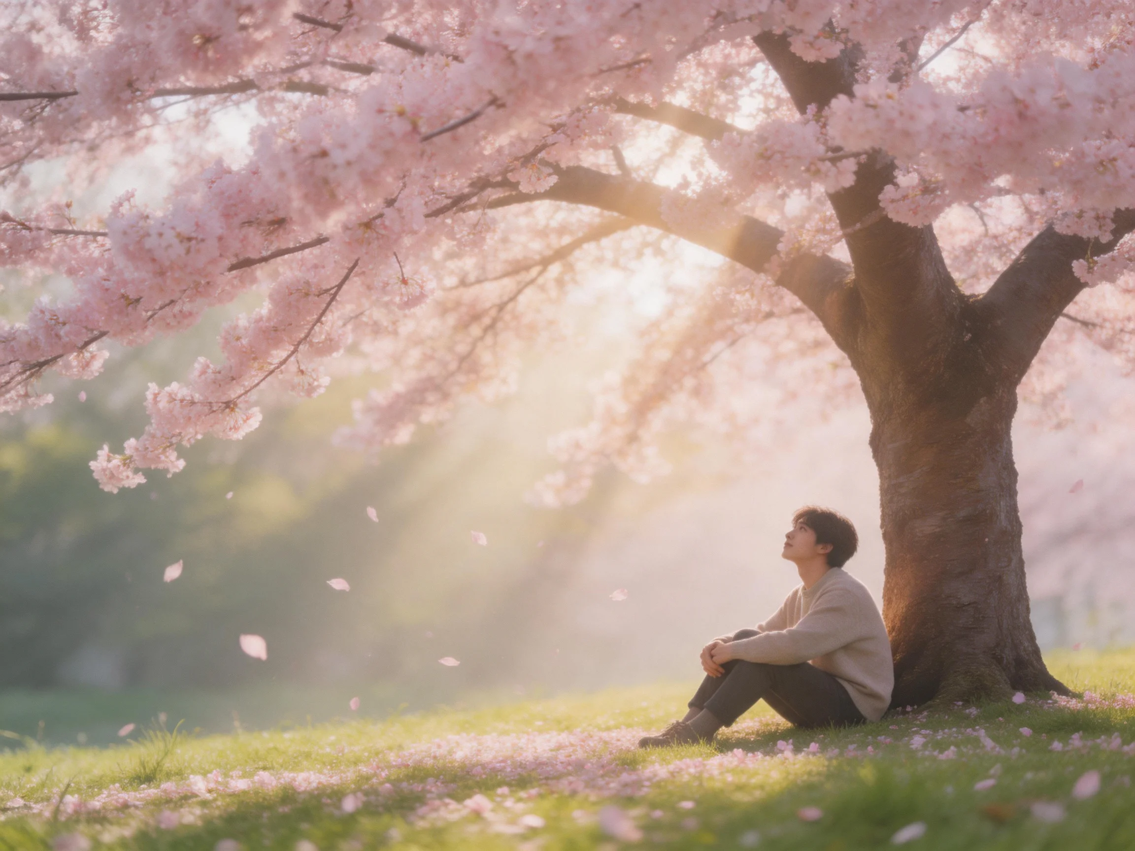 A man sits beneath a large cherry blossom tree with falling petals