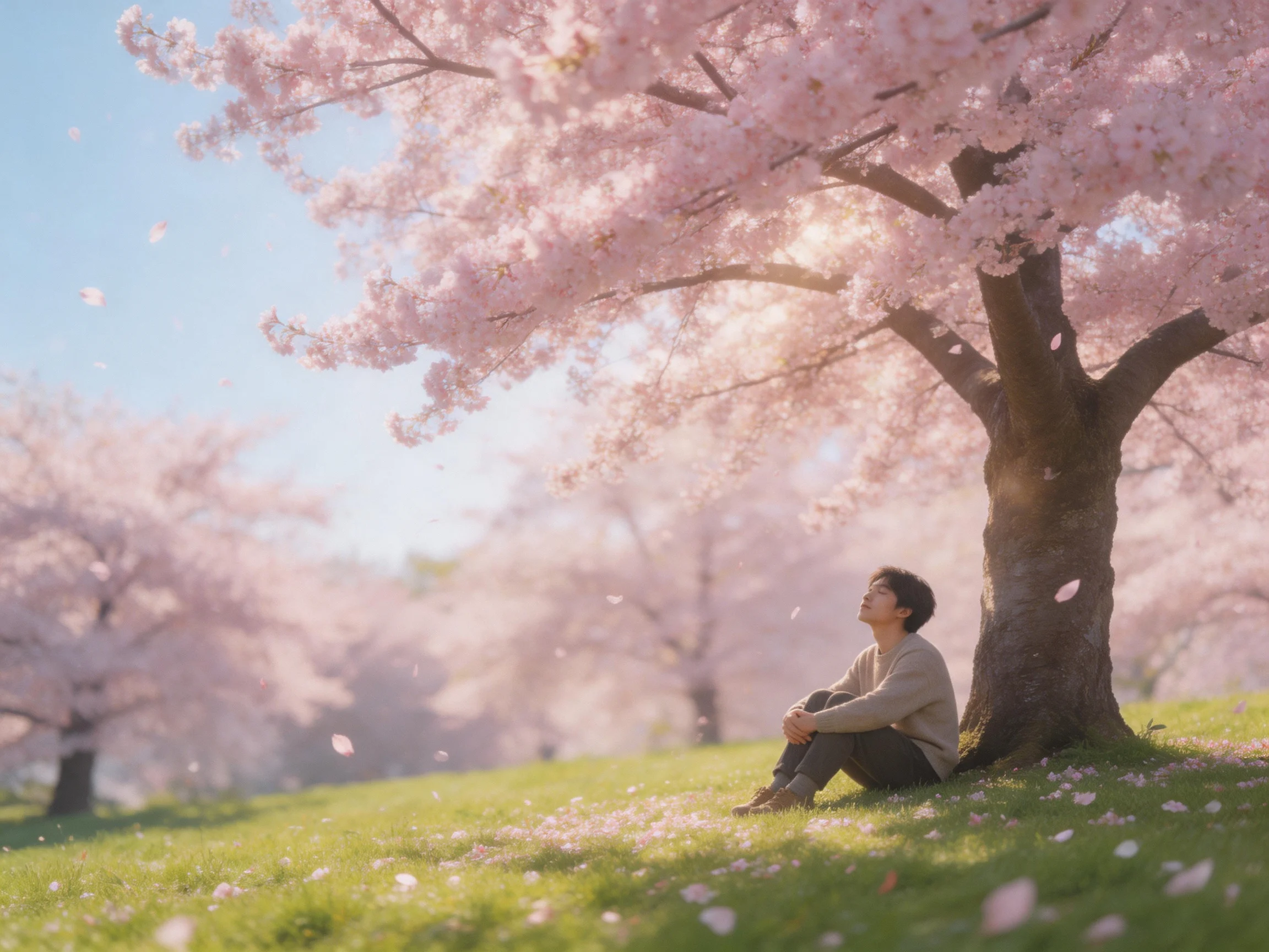 A man sits beneath a large pink cherry blossom tree on a grassy hill