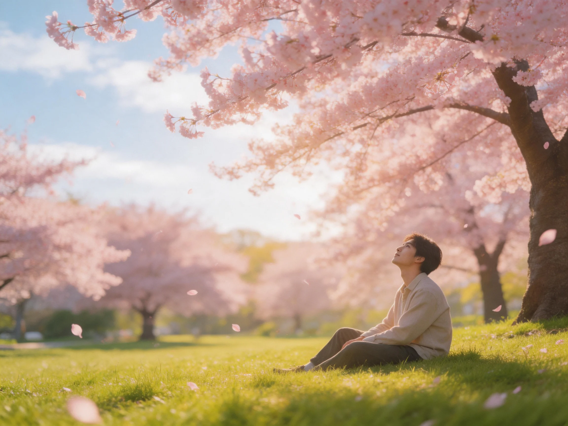 A man sits beneath blooming cherry blossom trees on a sun-drenched lawn