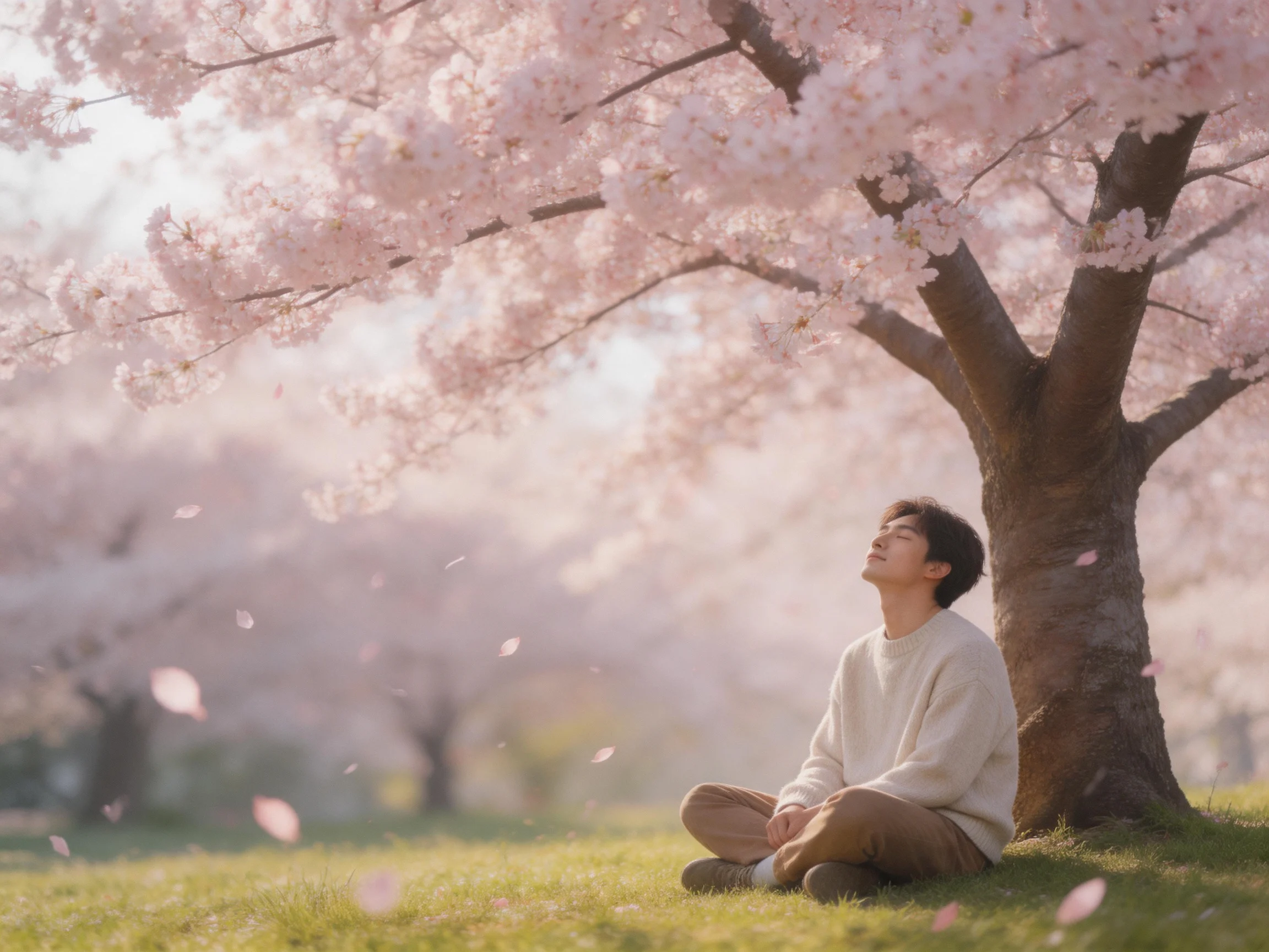 A man sits beneath blooming pink cherry blossom trees