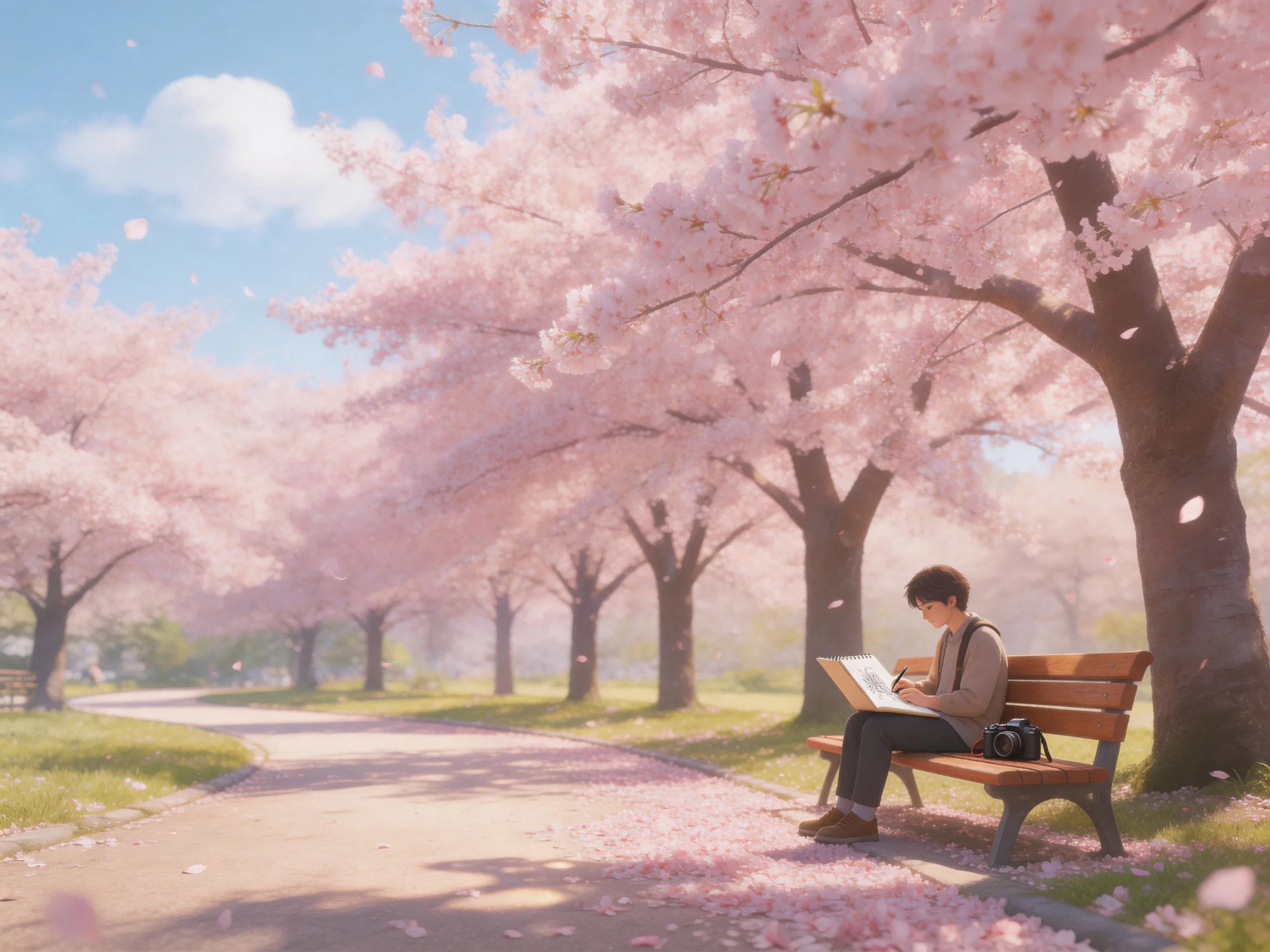 A man sketching amid blooming pink cherry blossom trees in a sunny park