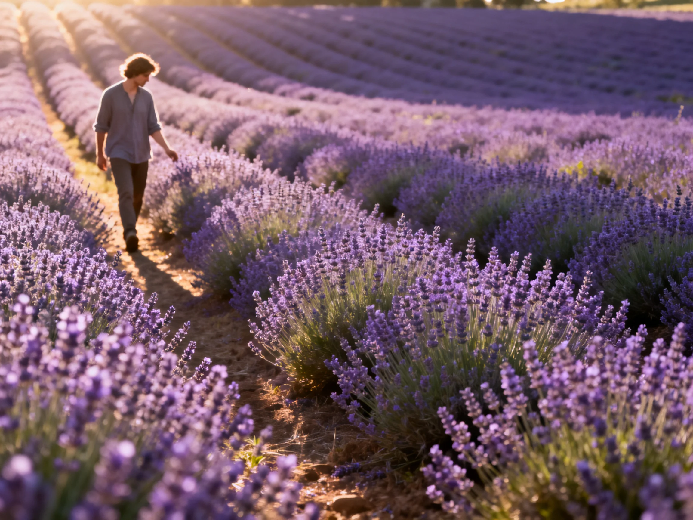 A man walking through sprawling purple lavender fields under golden light