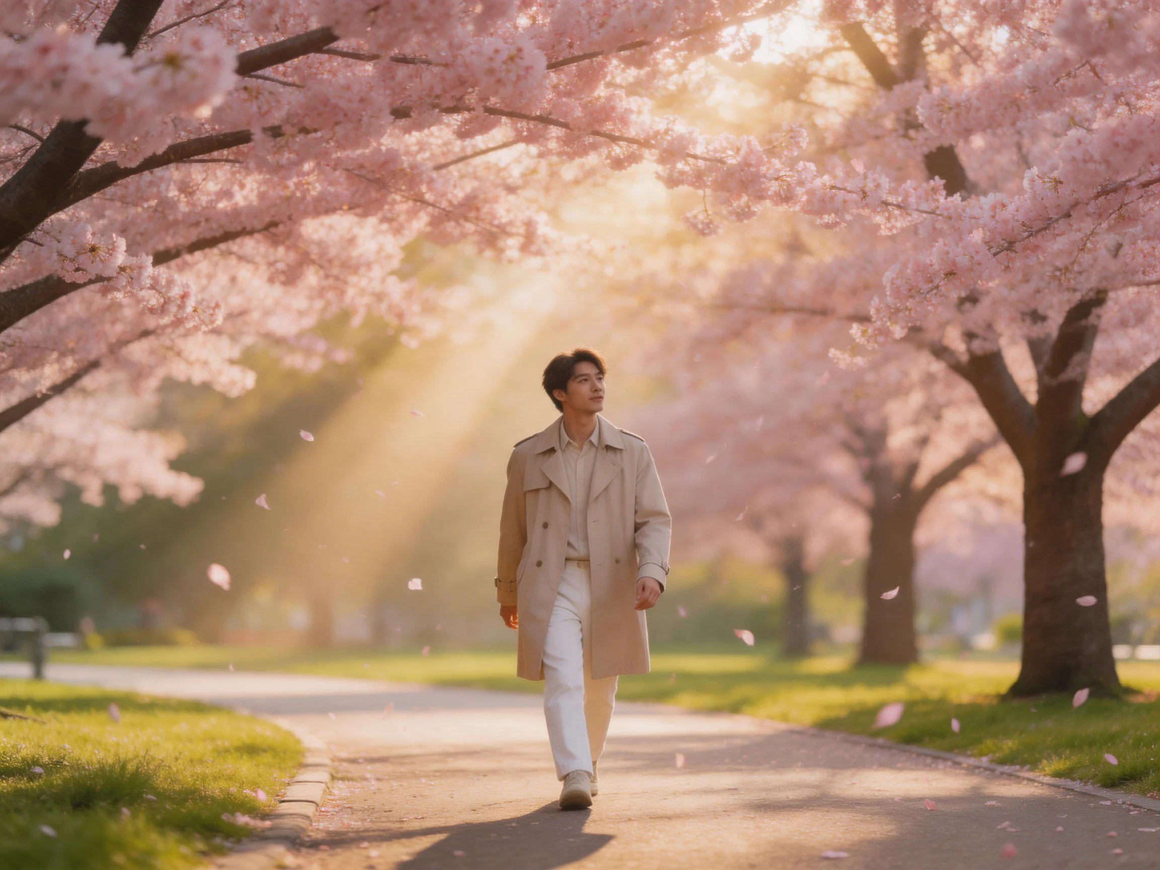A man walks beneath blooming pink cherry blossom trees along a sunlit path