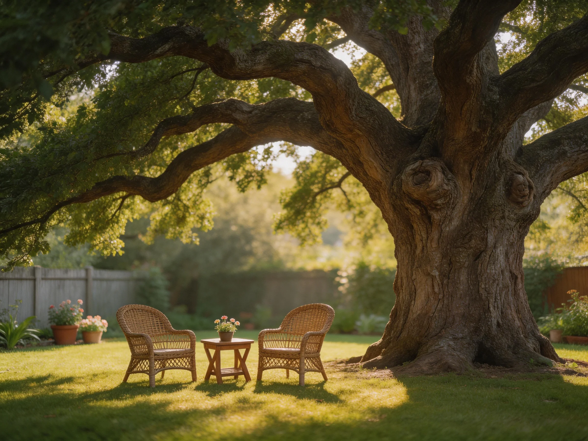 A massive ancient oak tree shades wicker seating and a small table