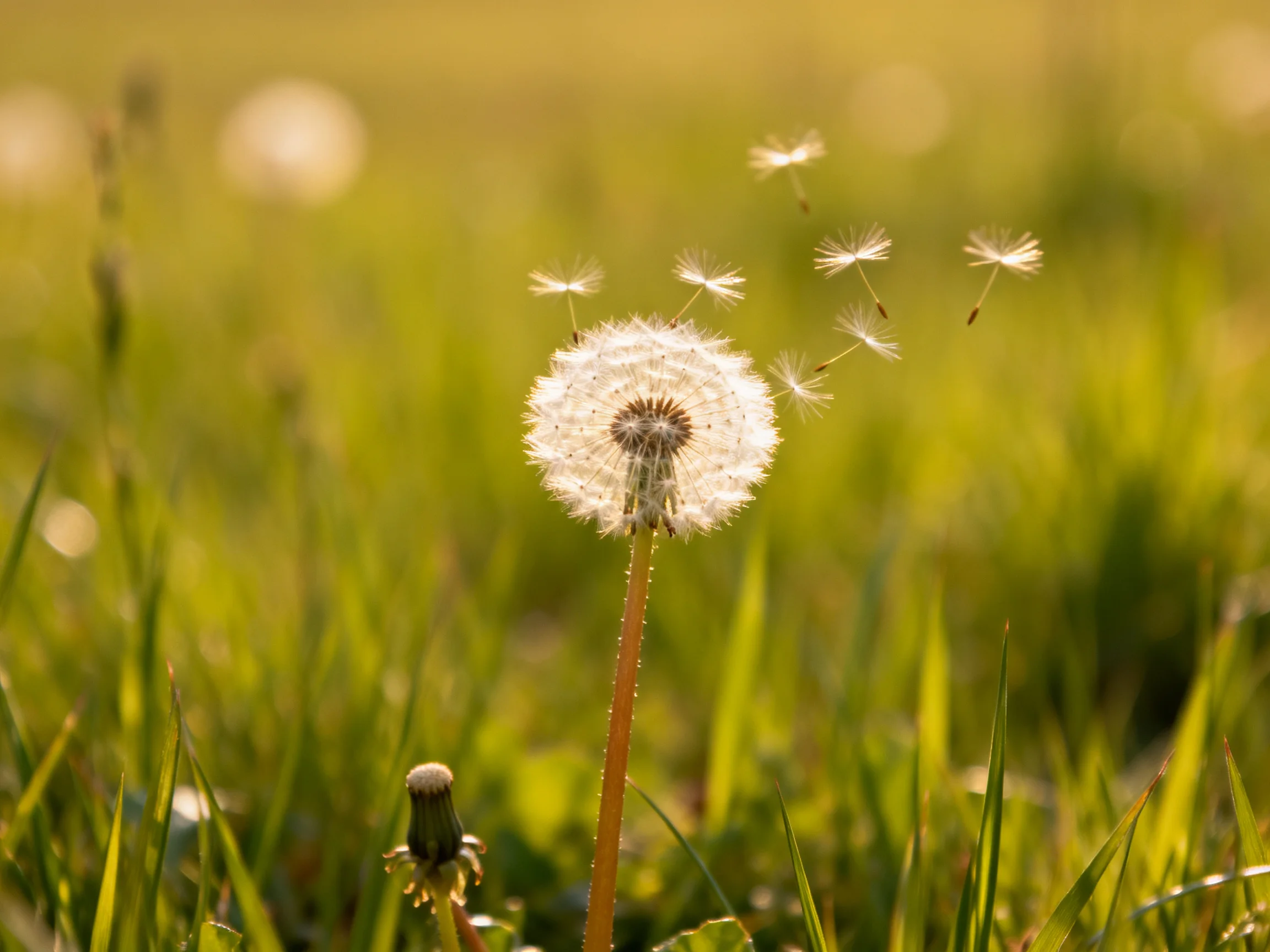 A mature dandelion dispersing seeds amid lush green grass