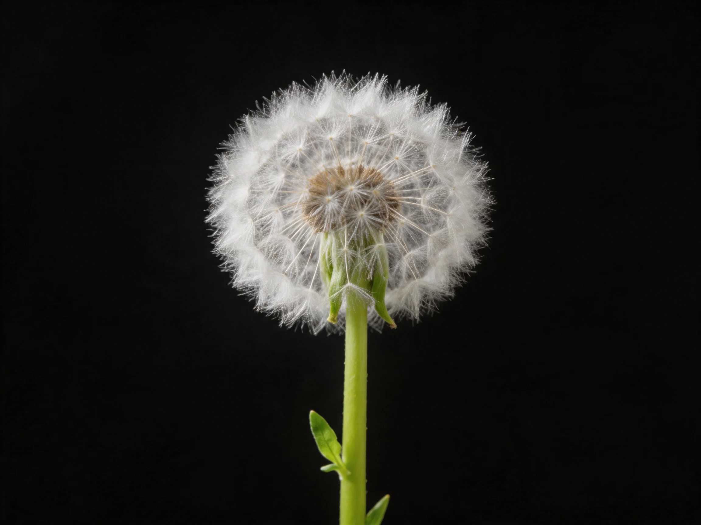 A mature dandelion head with white seed filaments on a green stem
