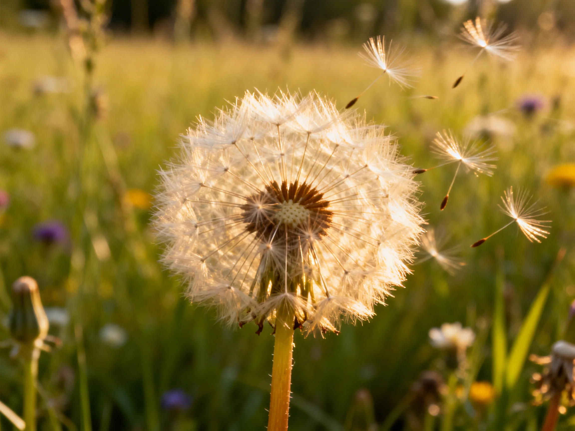 A mature dandelion seed head disperses in a sunlit wildflower meadow