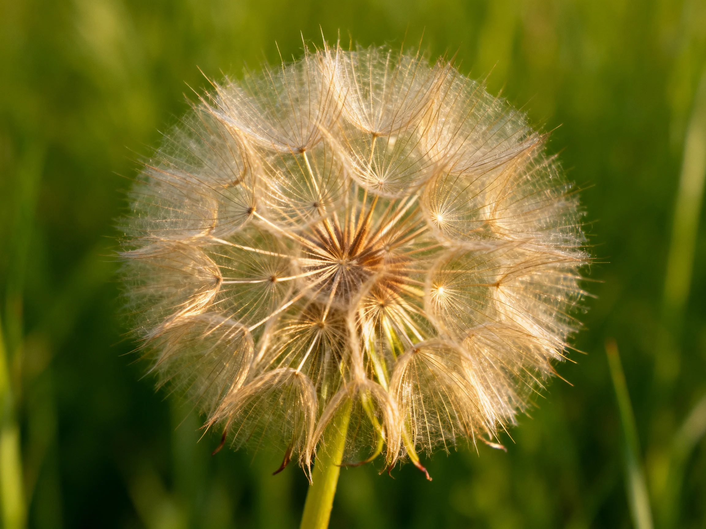 A mature dandelion seed head glowing against lush green foliage