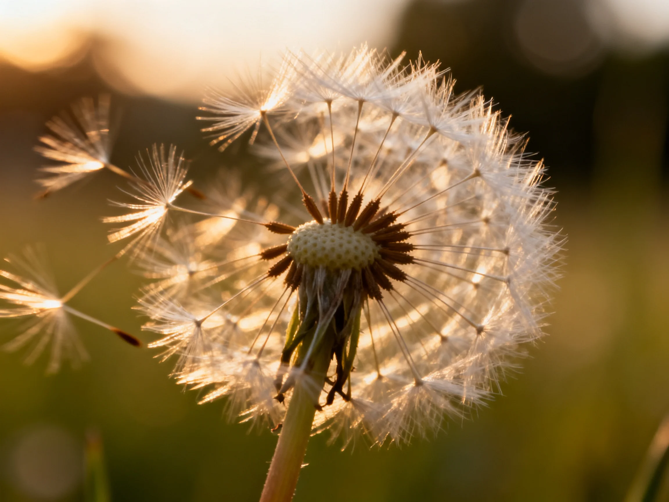 A mature dandelion seed head glowing in golden sunset light