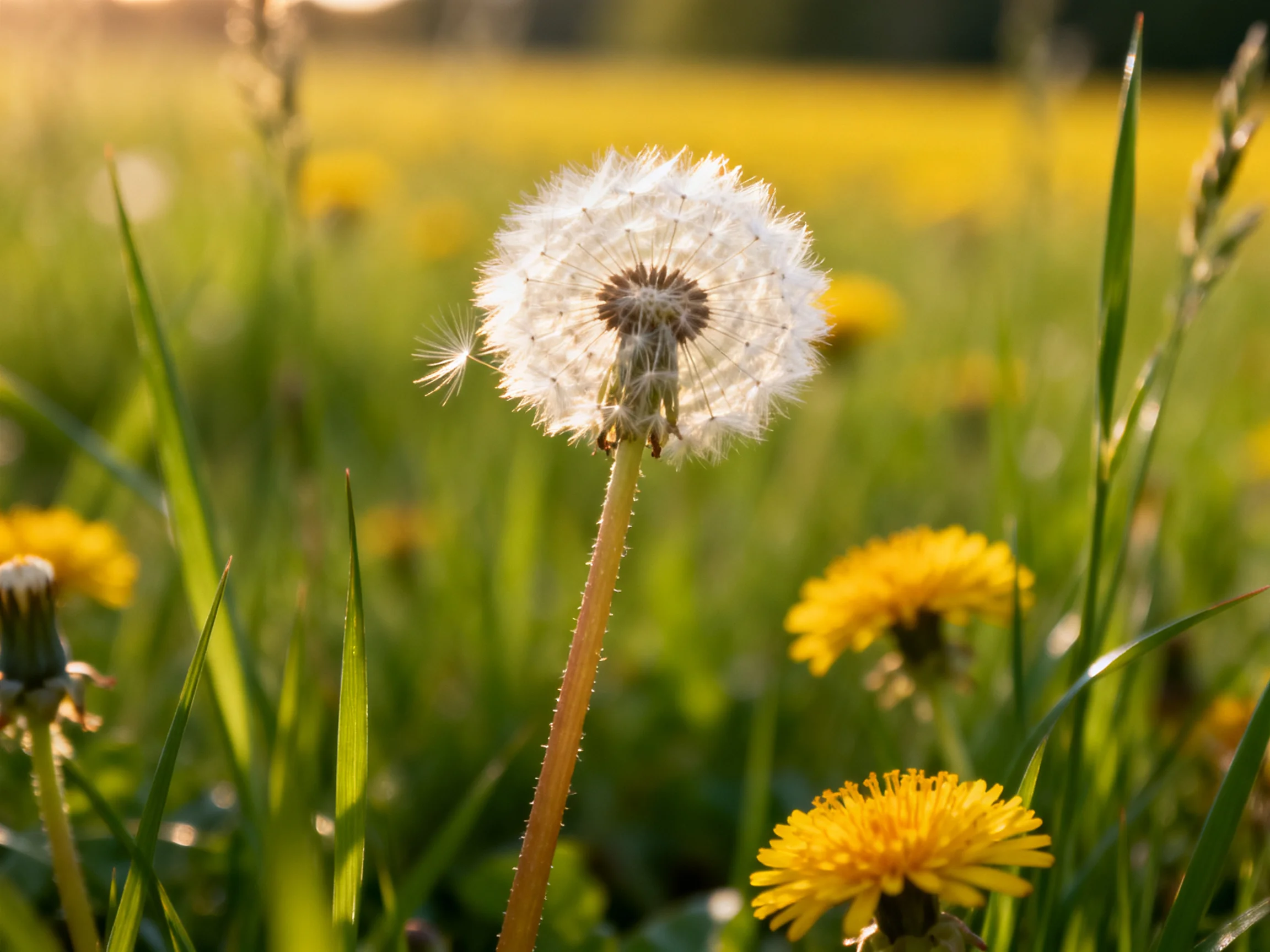 A mature dandelion seed head surrounded by bright yellow flowers and tall green grass