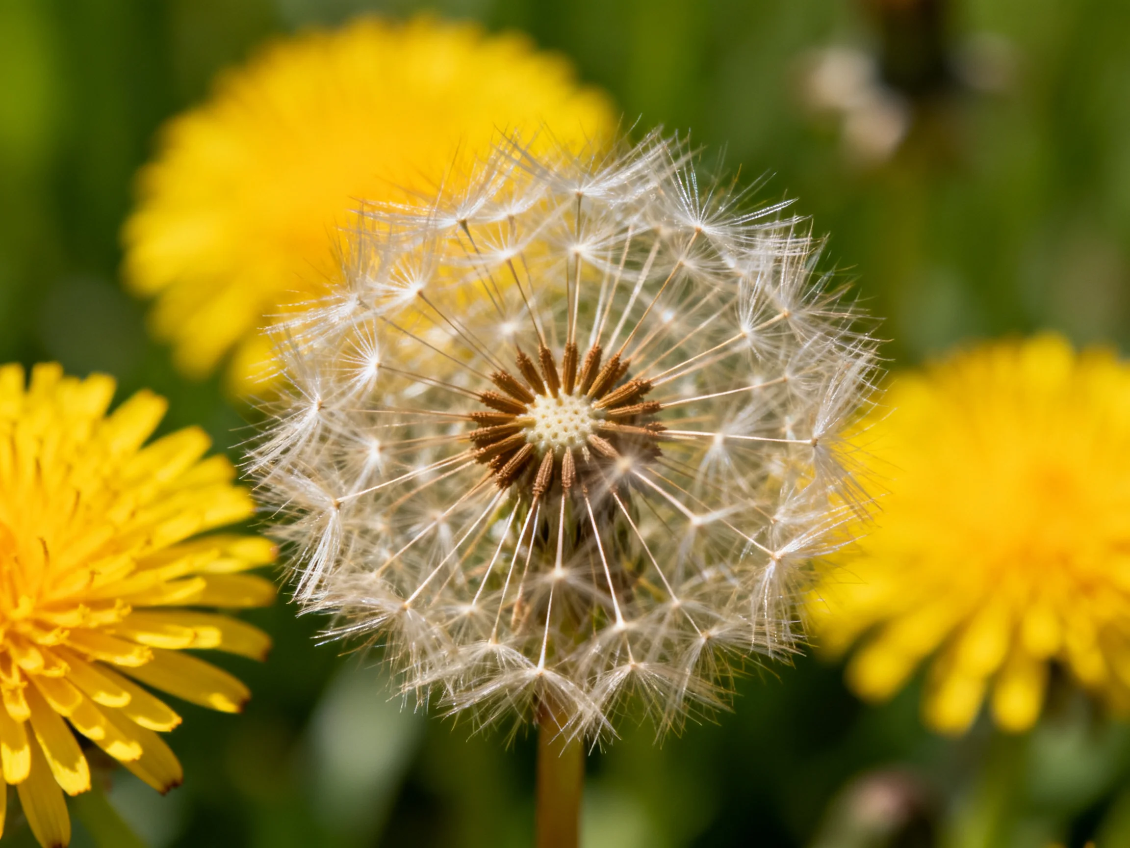 A mature dandelion seed head surrounded by vibrant yellow blooms
