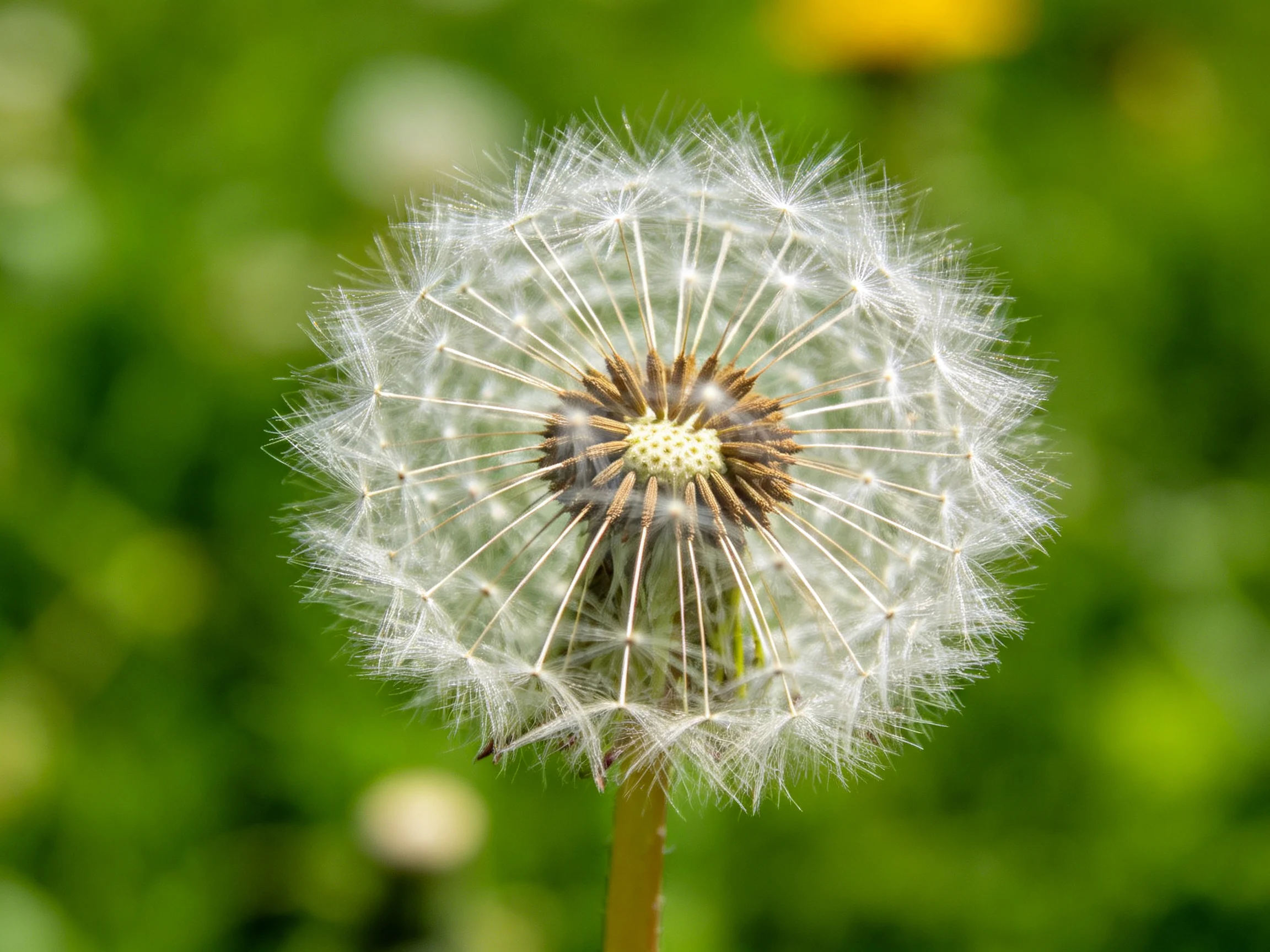A mature dandelion seed head with delicate white filaments against lush green foliage