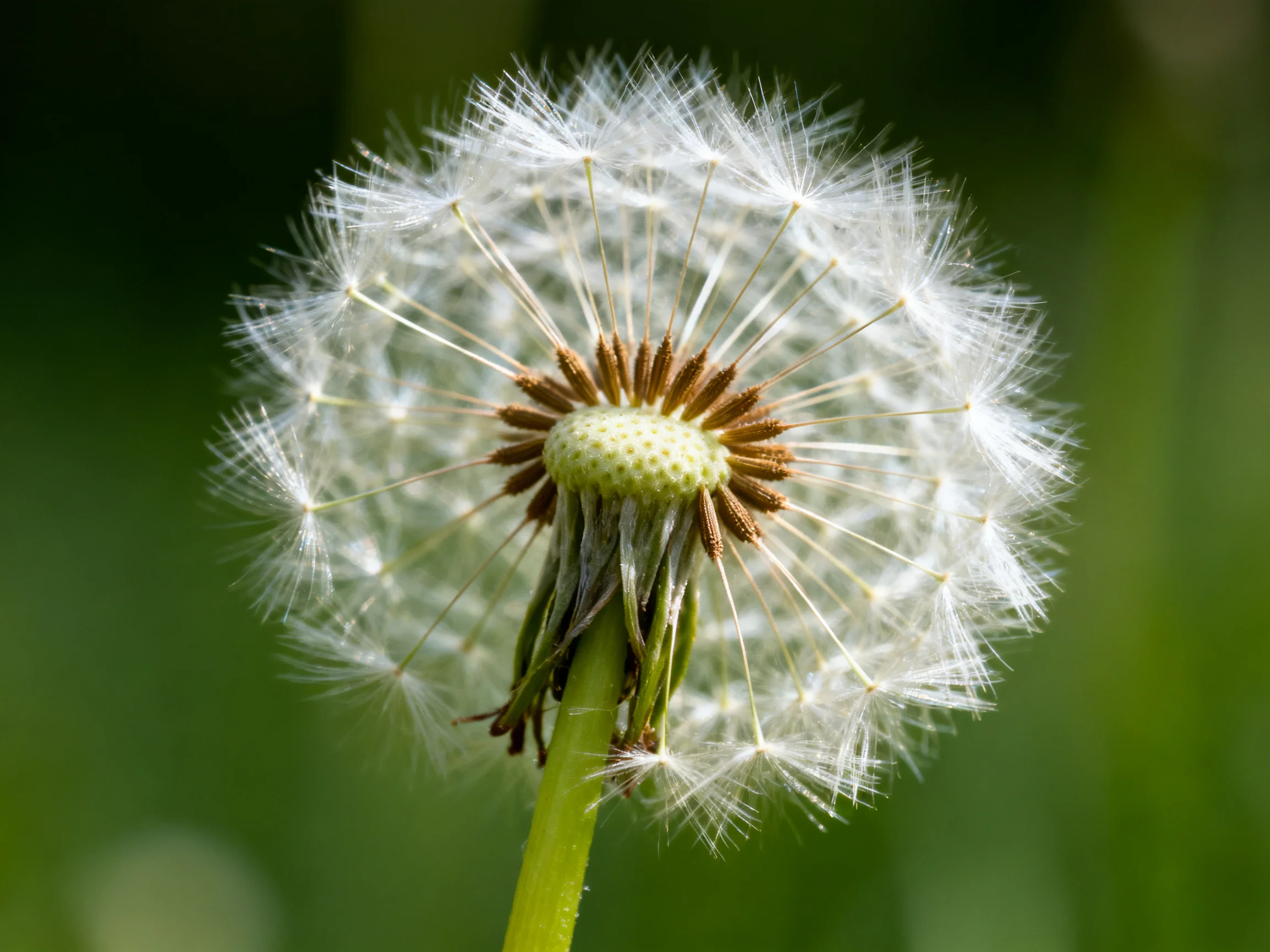 A mature dandelion seed head with delicate white filaments and brown centers