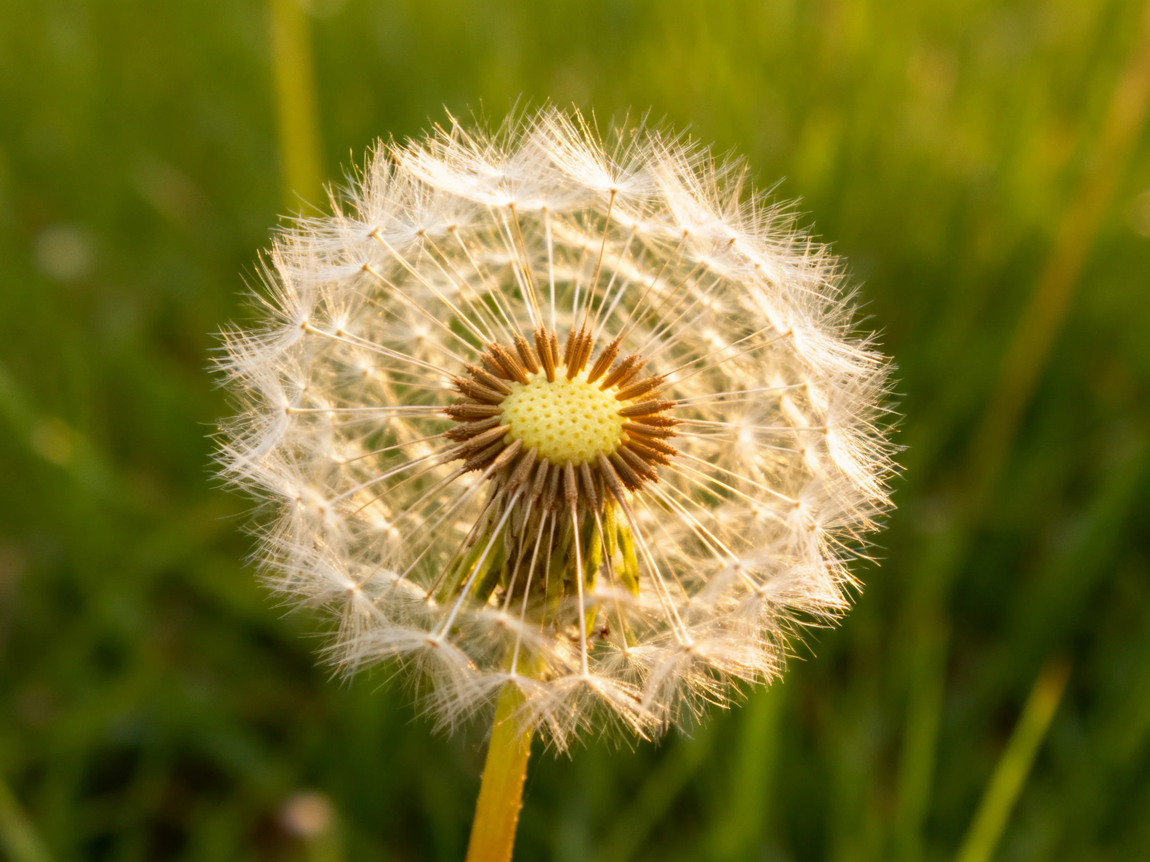 A mature dandelion seed head with delicate white filaments and earthy brown center