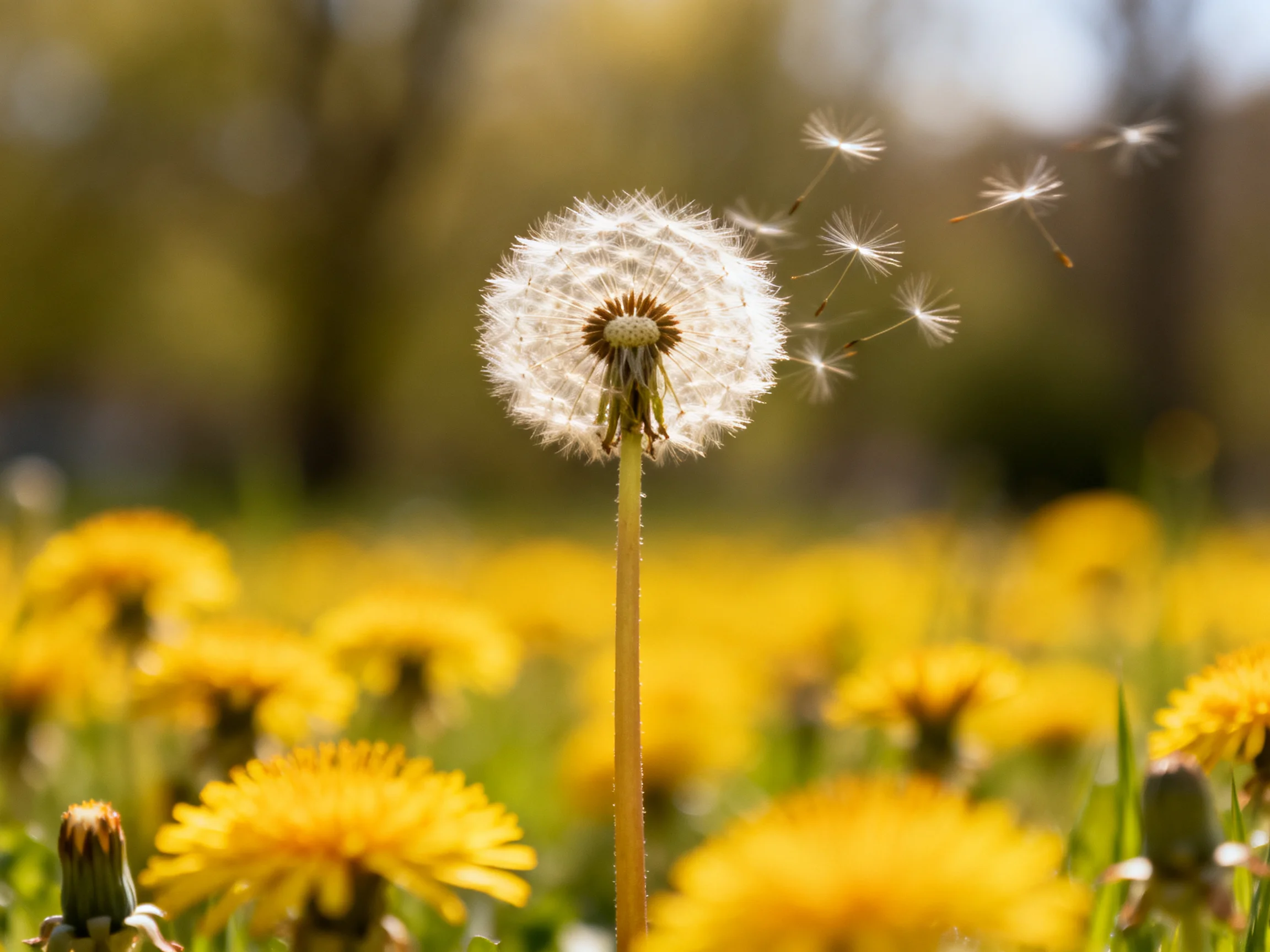 A mature dandelion seed head with seeds dispersing among yellow blooms