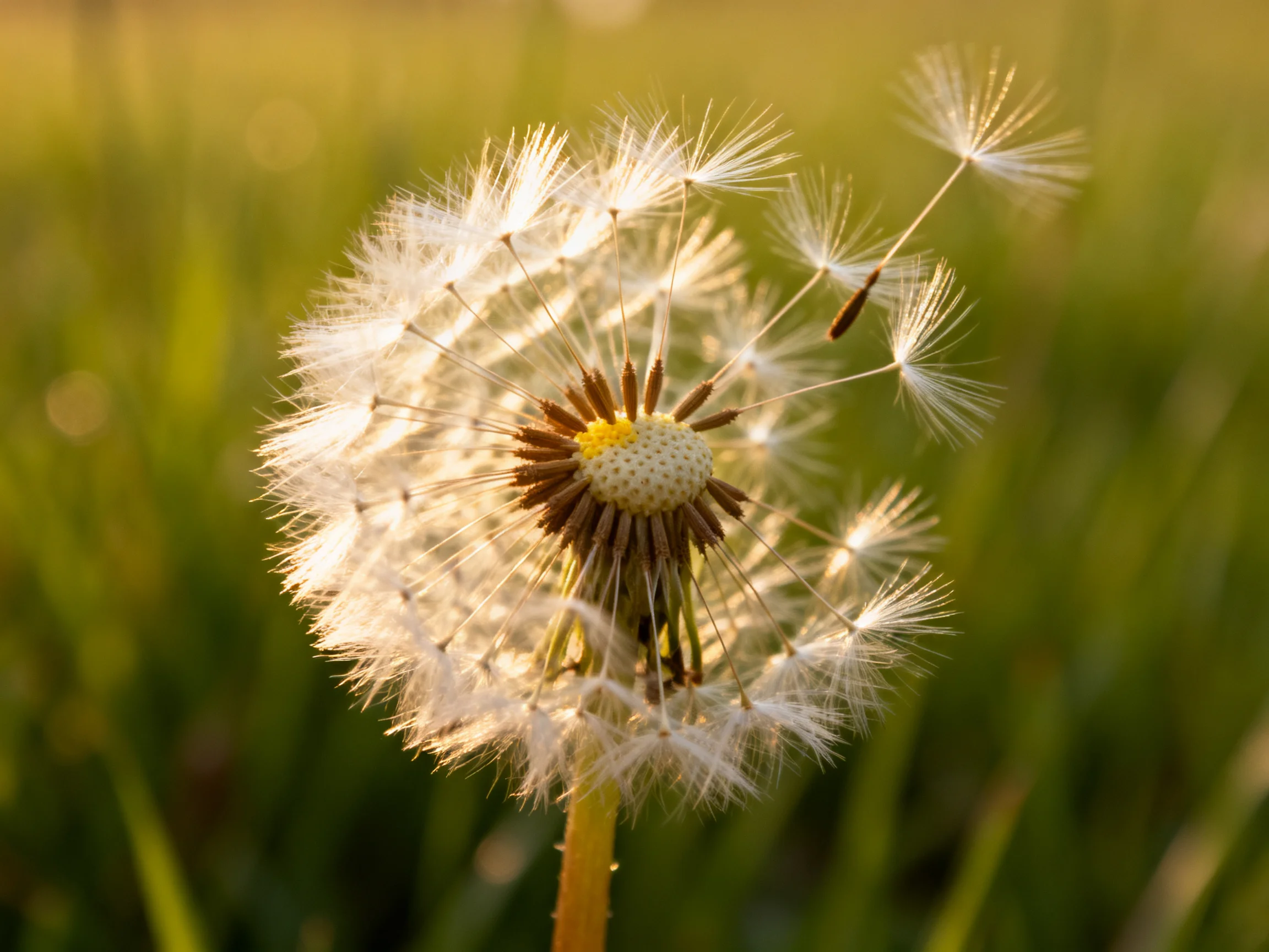 A mature dandelion seed head with white filaments and green surroundings