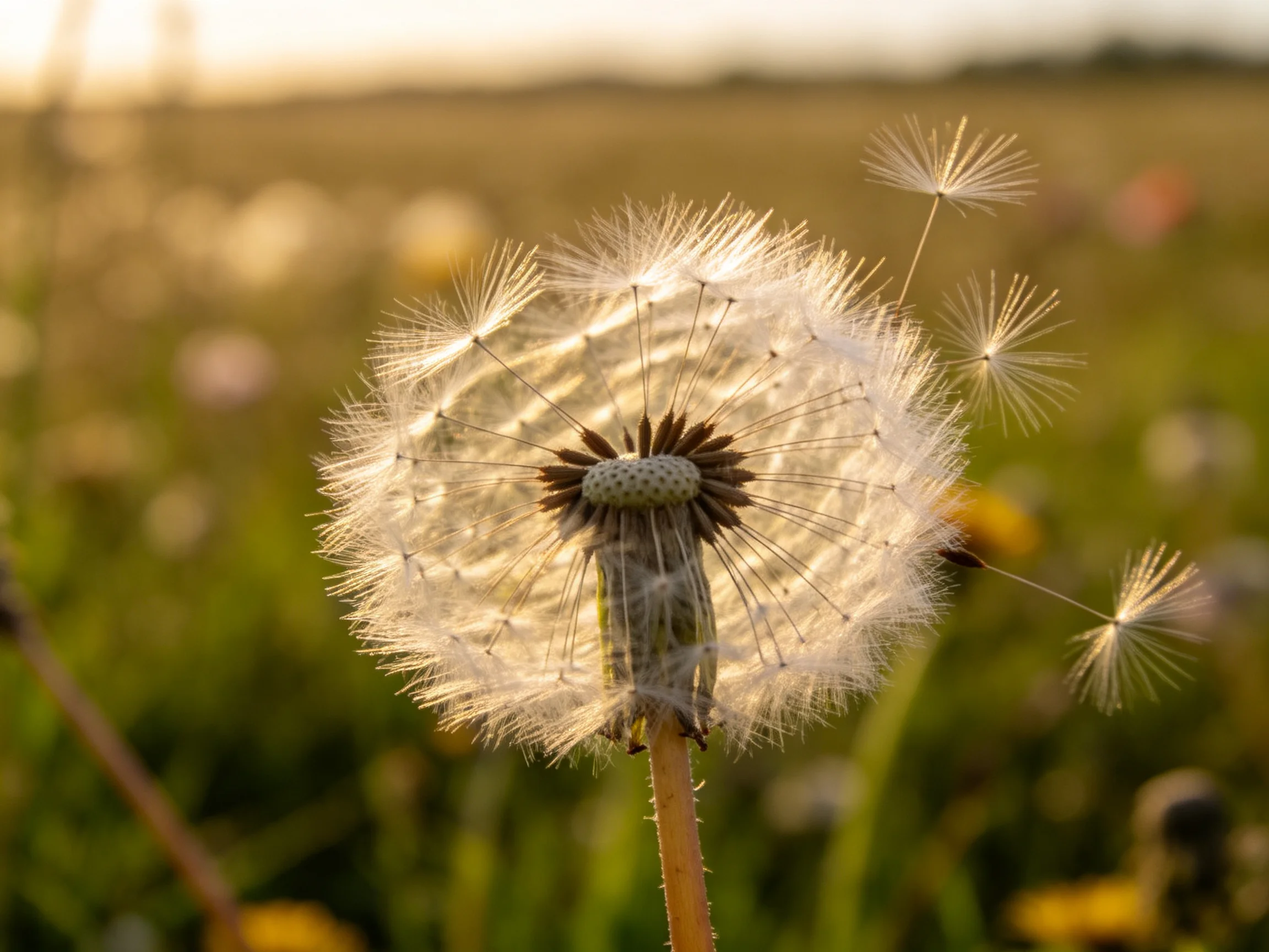 A mature dandelion seed head with white filaments in a sunlit meadow