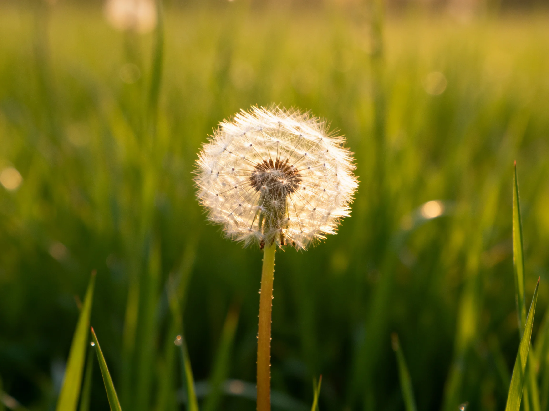 A mature dandelion stands in a sunlit grassy field