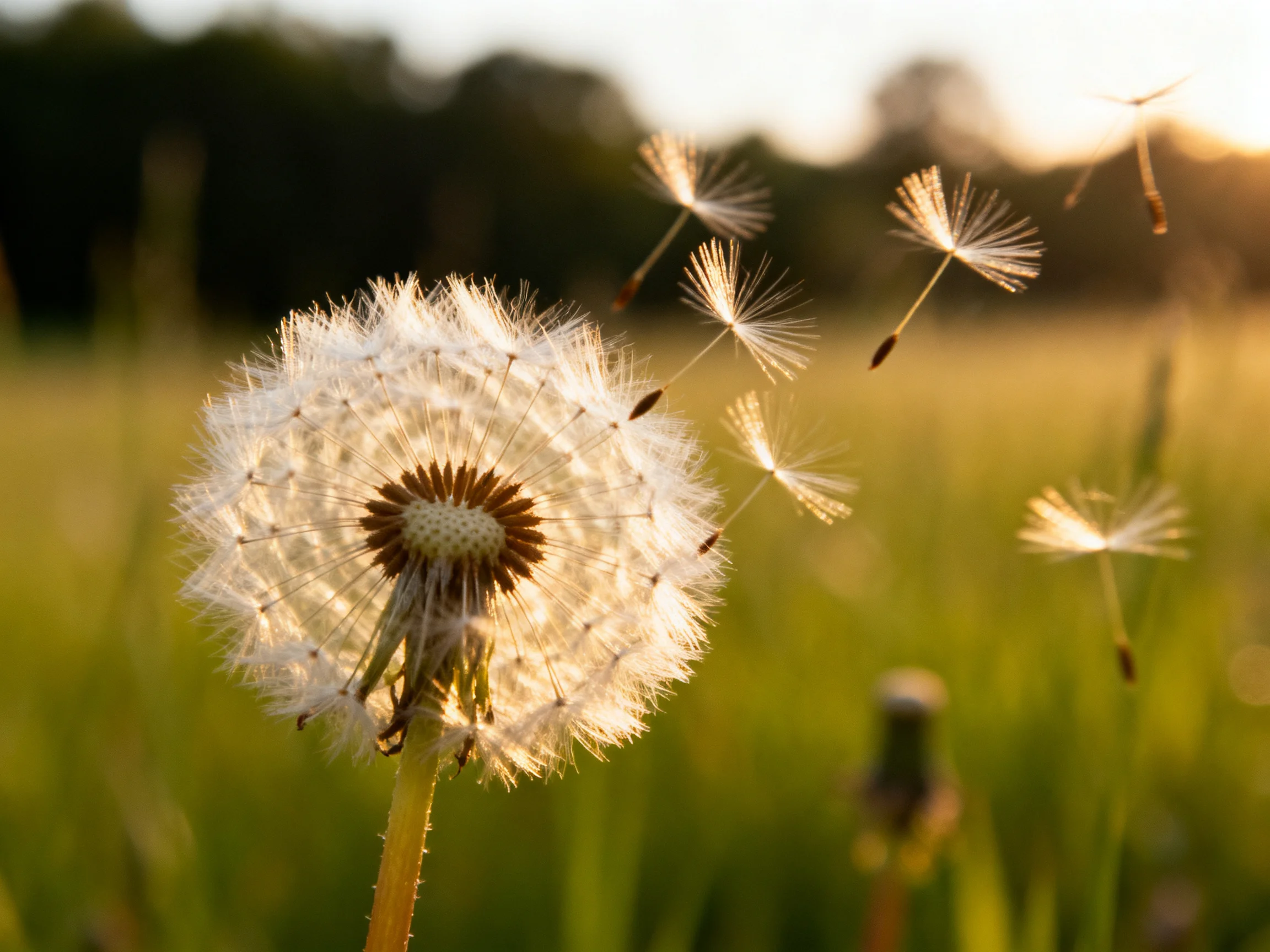 A mature dandelion with floating seed parachutes in golden light