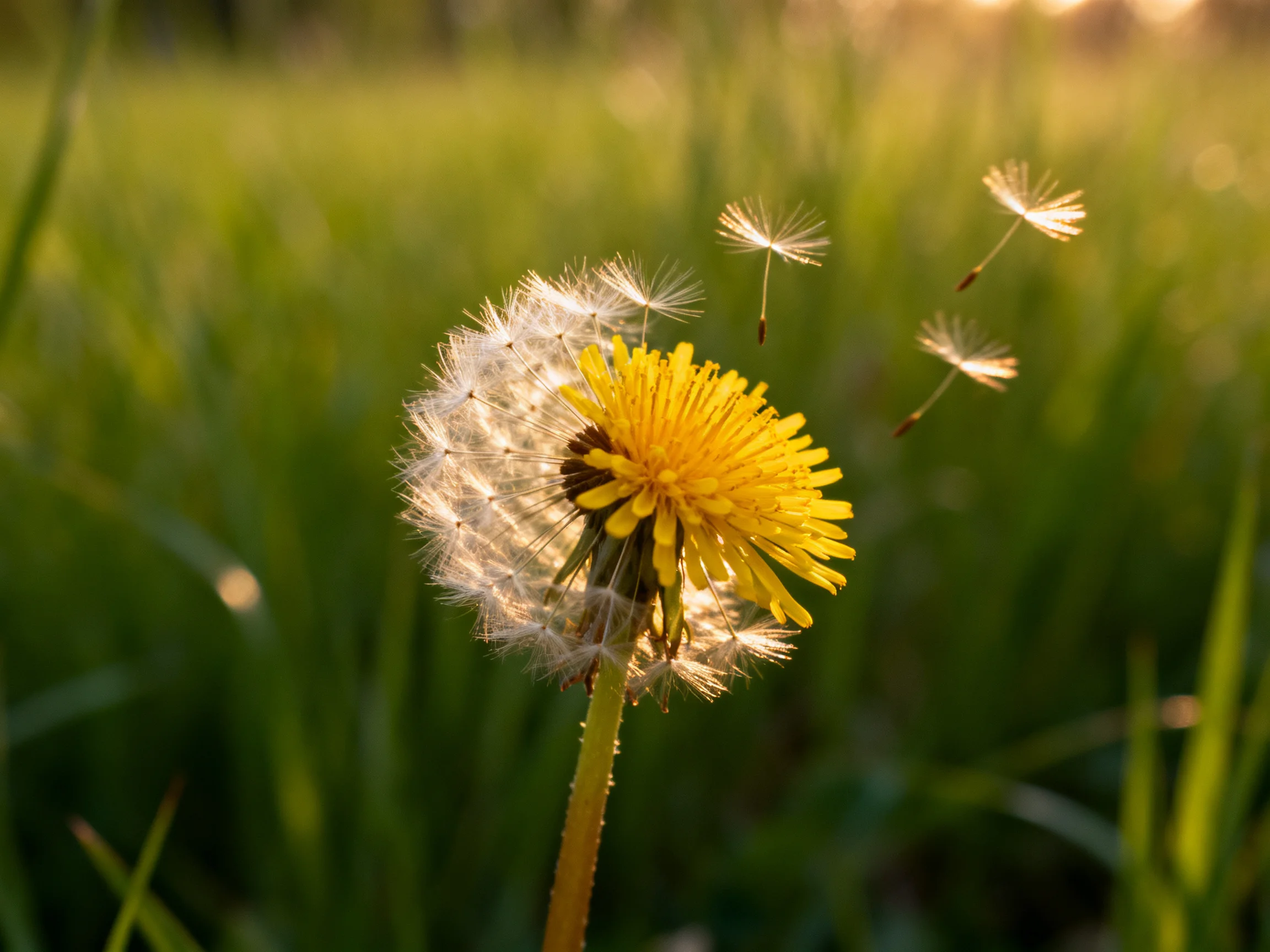 A mature dandelion with three seed parachutes drifting in golden sunlight