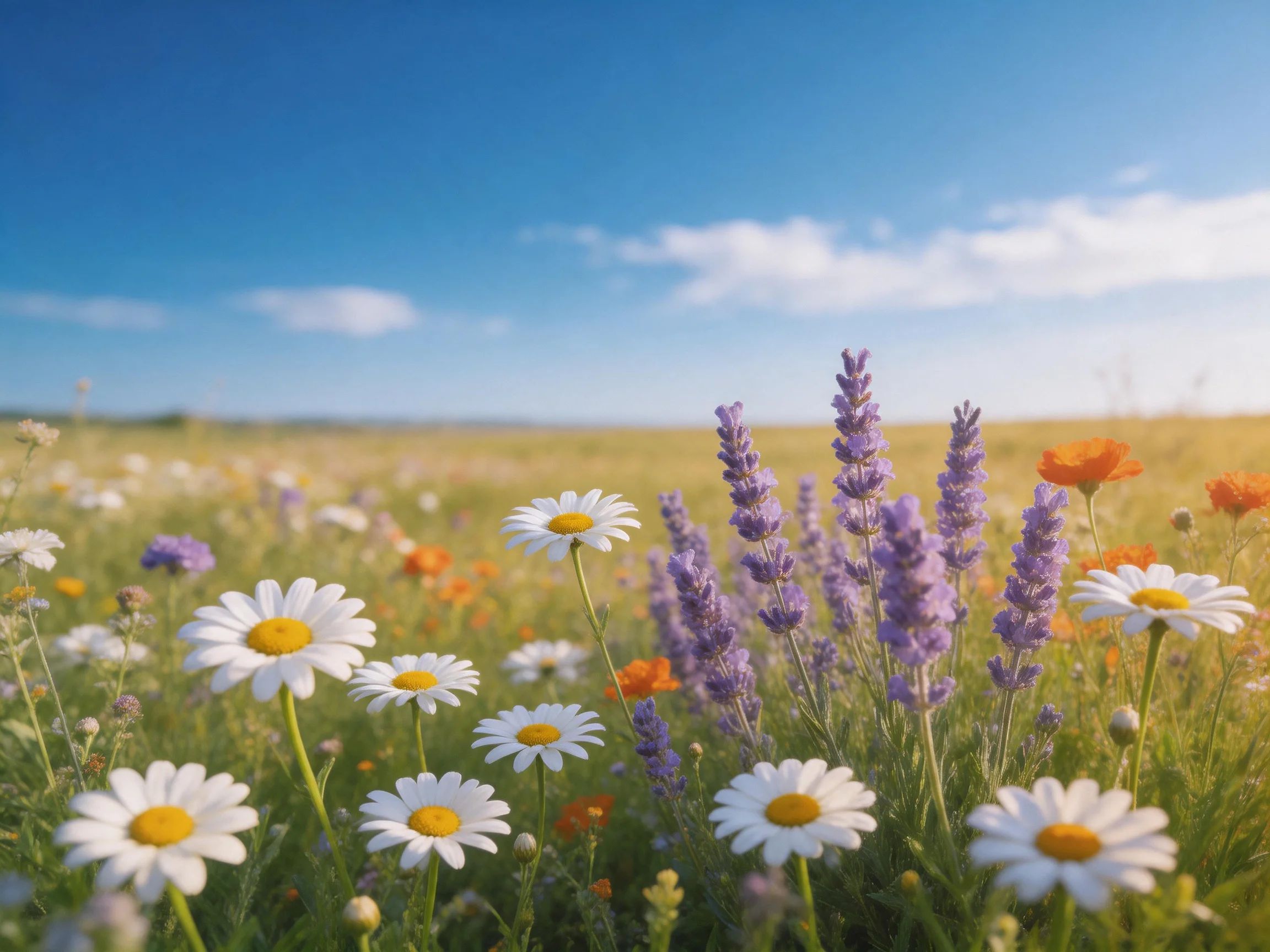 A meadow filled with daisies, lavender, and poppies beneath a blue sky