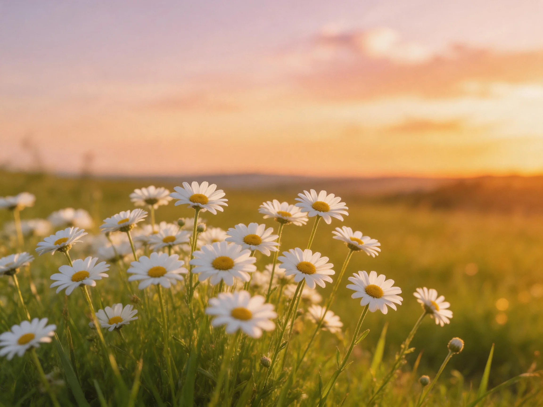 A meadow filled with white daisies under a vibrant sunset sky