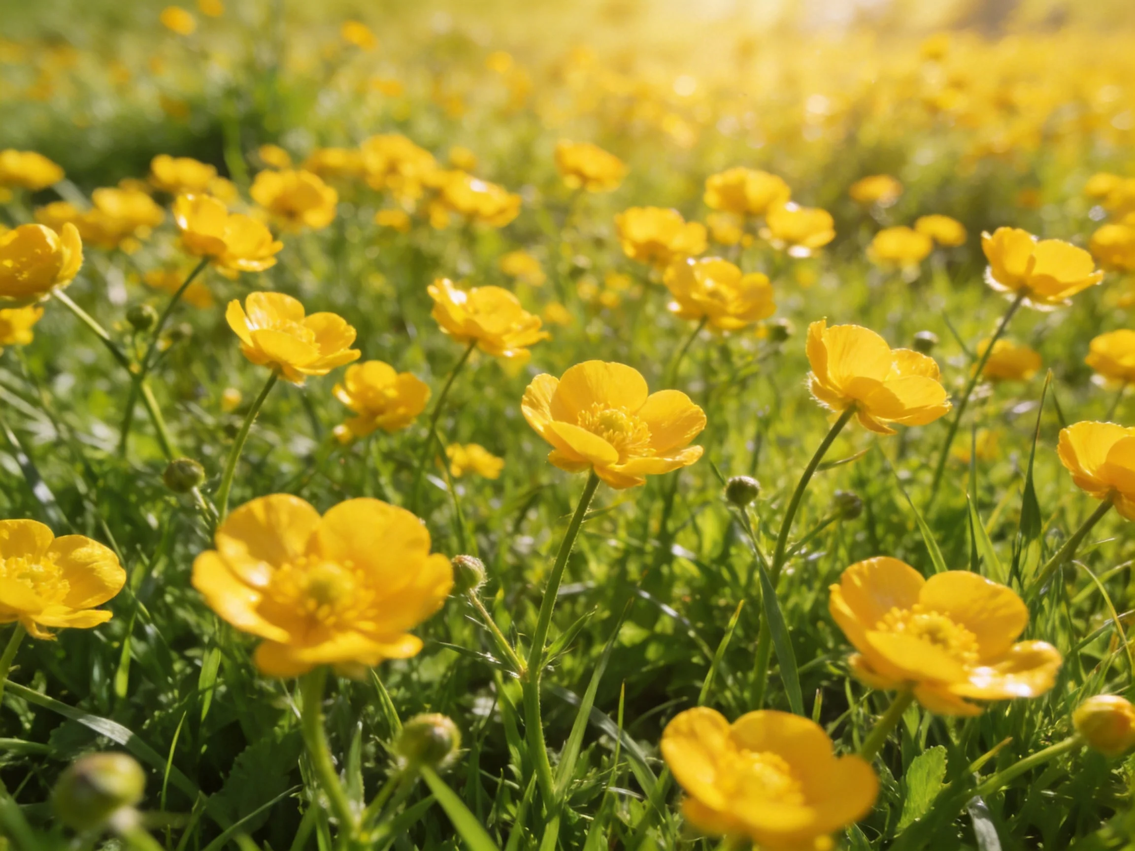 A meadow full of bright yellow wildflowers under sunny skies