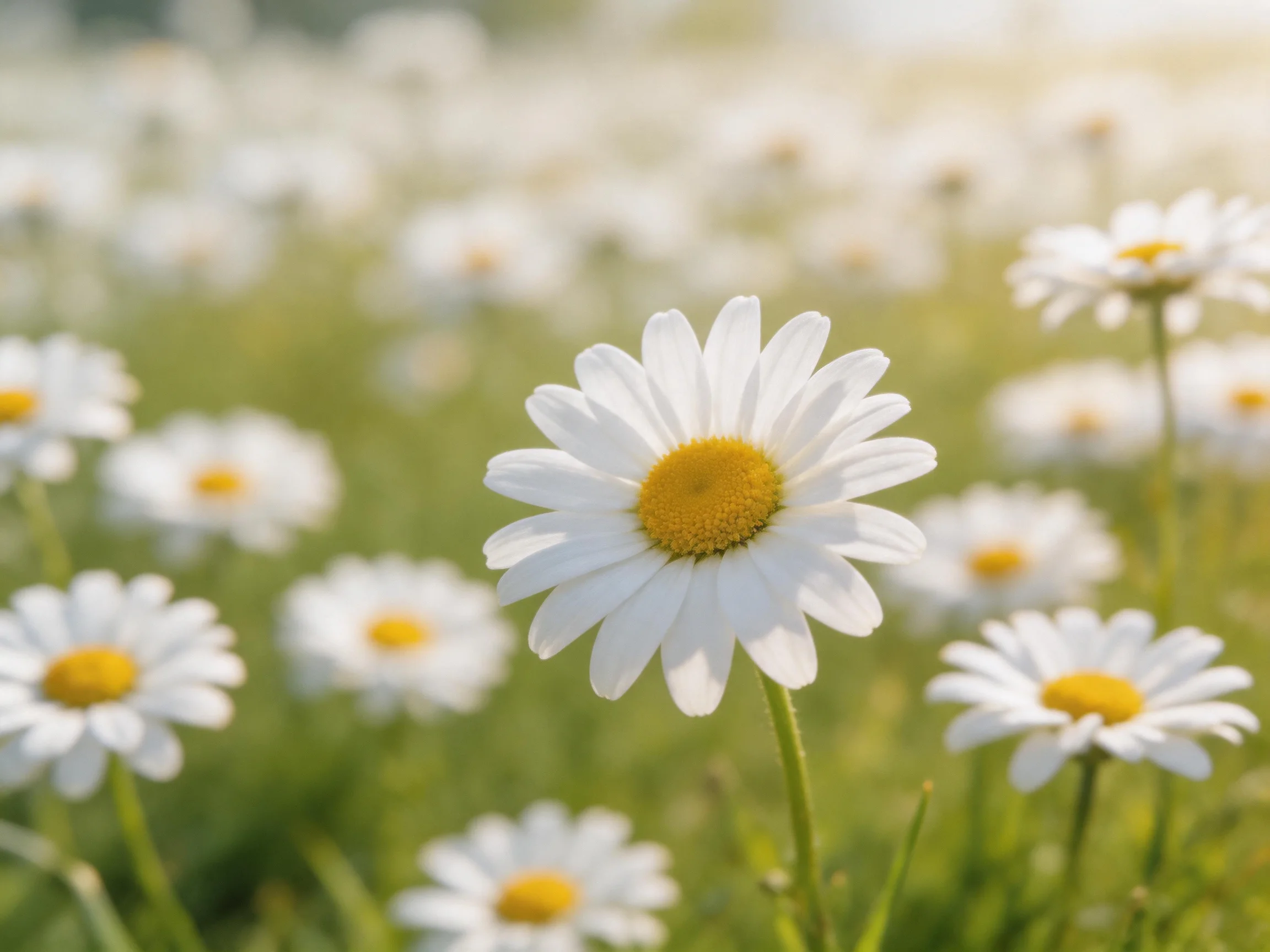 A meadow of white daisies with bright yellow centers under soft light