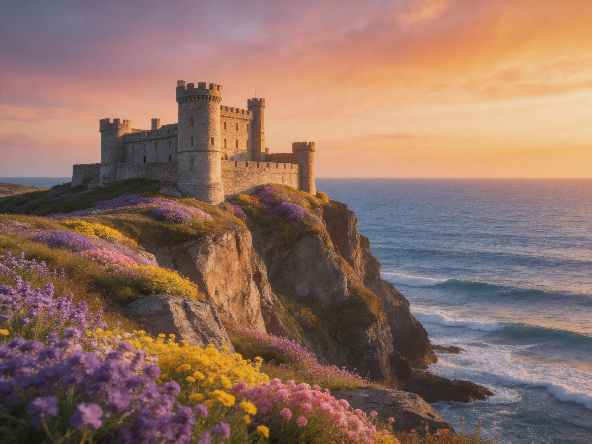 A medieval castle atop a rocky cliffside with colorful wildflowers