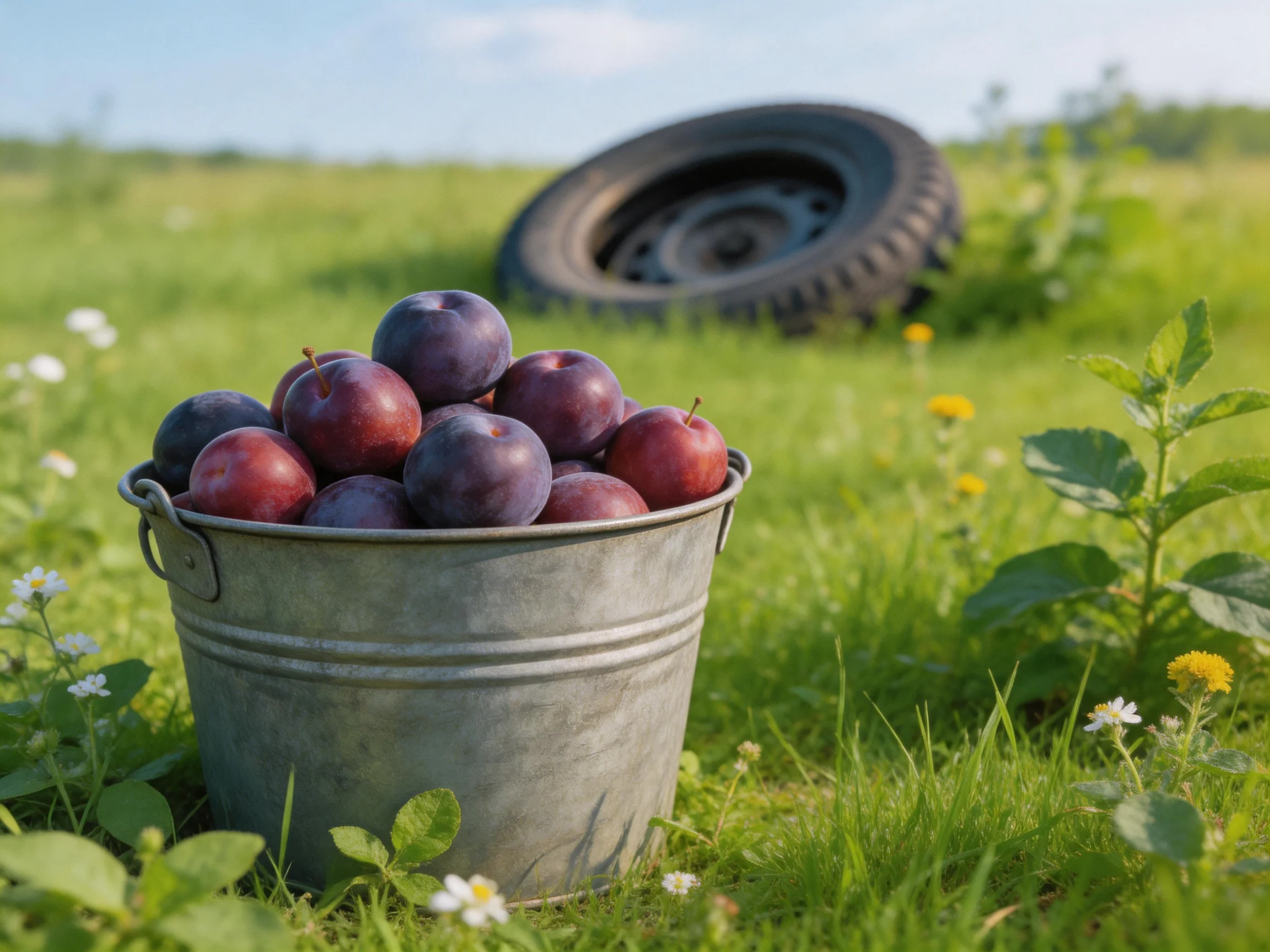 A metal bucket holds purple-red plums in a grassy field near a tire