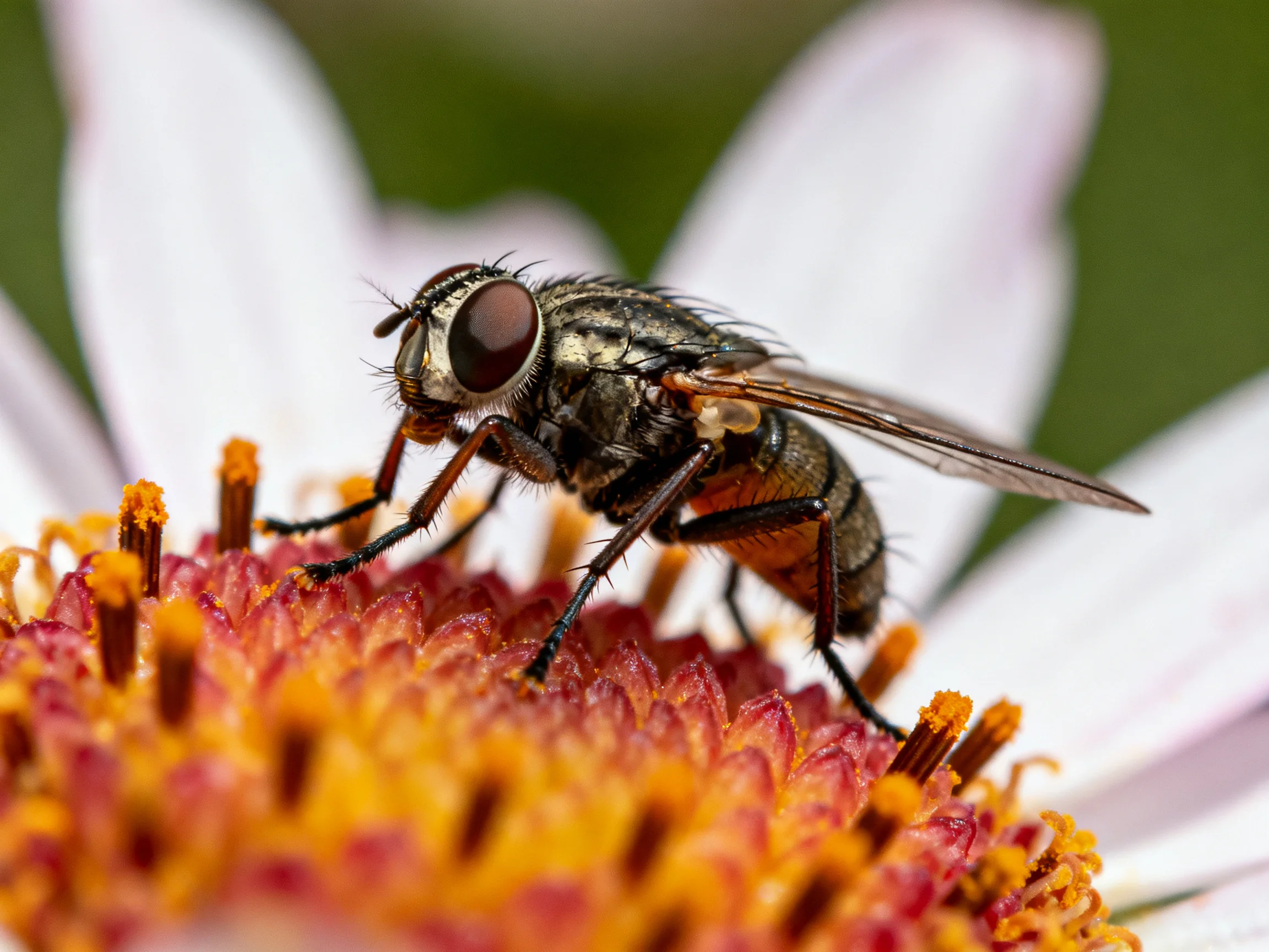 A metallic fly perched on a vibrant, multi - colored flower
