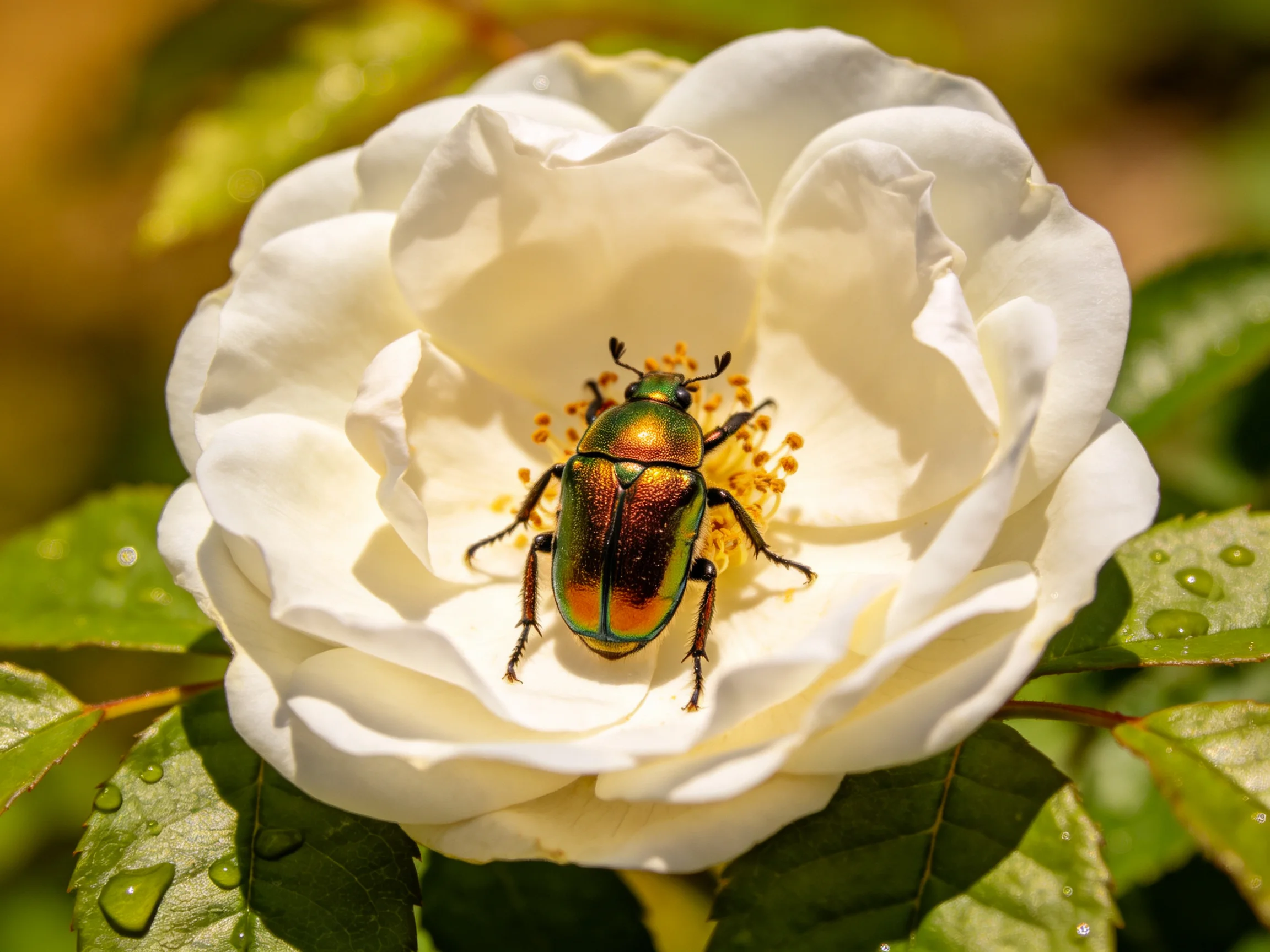 A metallic green and orange beetle on a large white rose