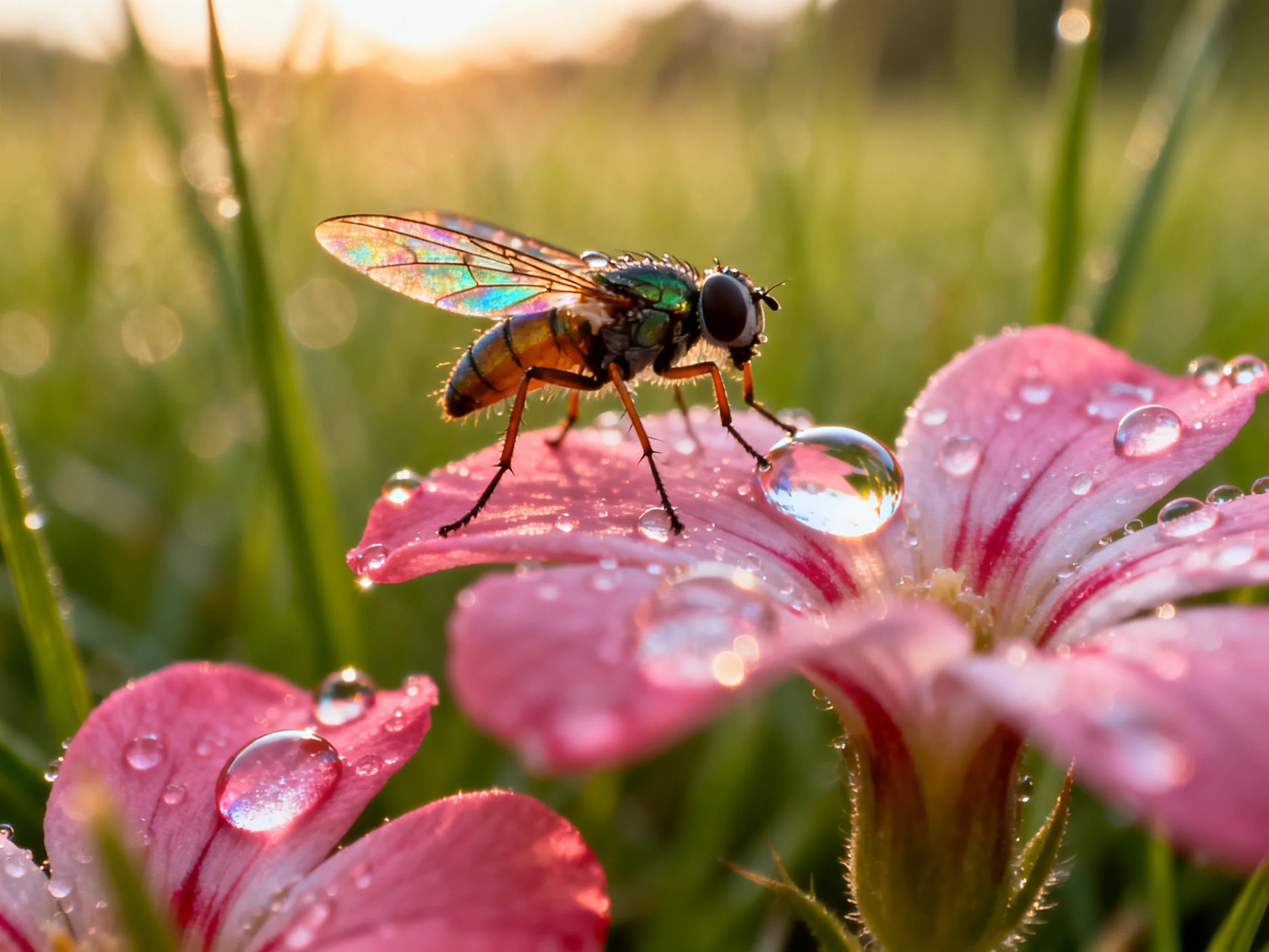 A metallic-green fly perches on dew-soaked pink petals amid sunlit grass