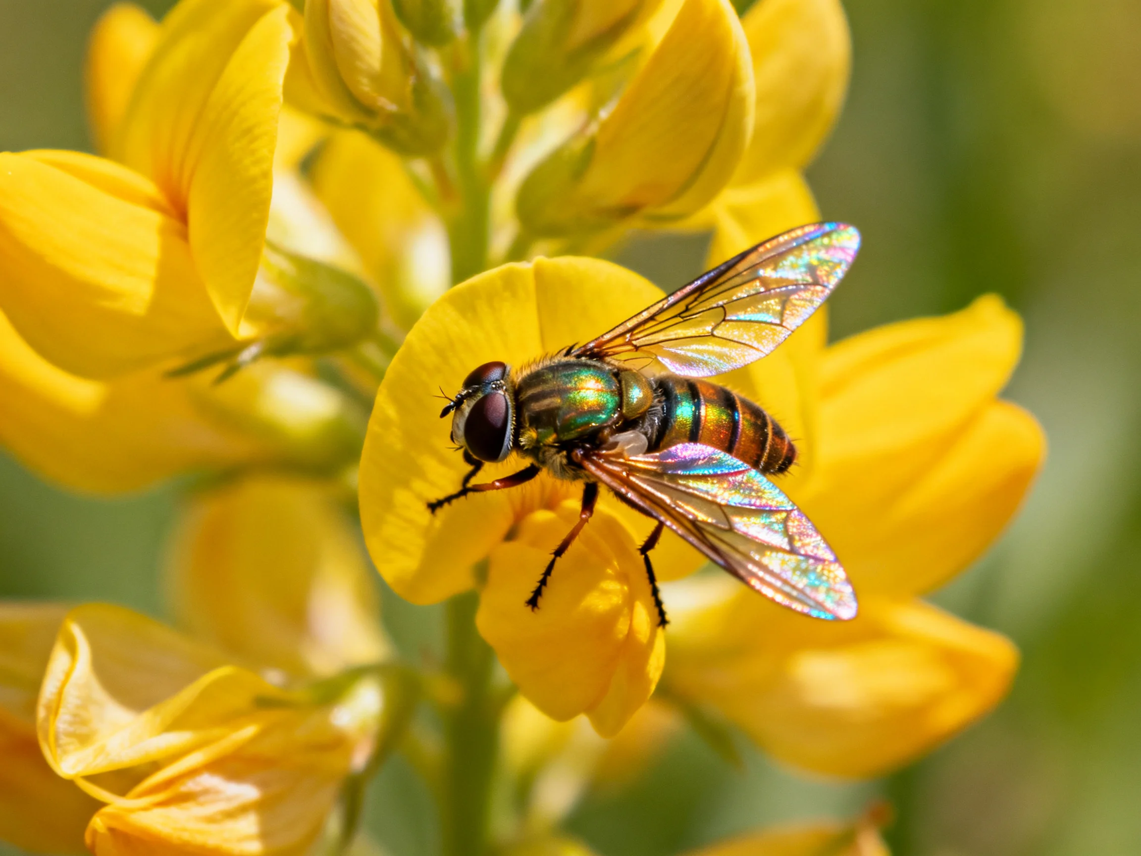 A metallic green hoverfly on bright yellow flowers