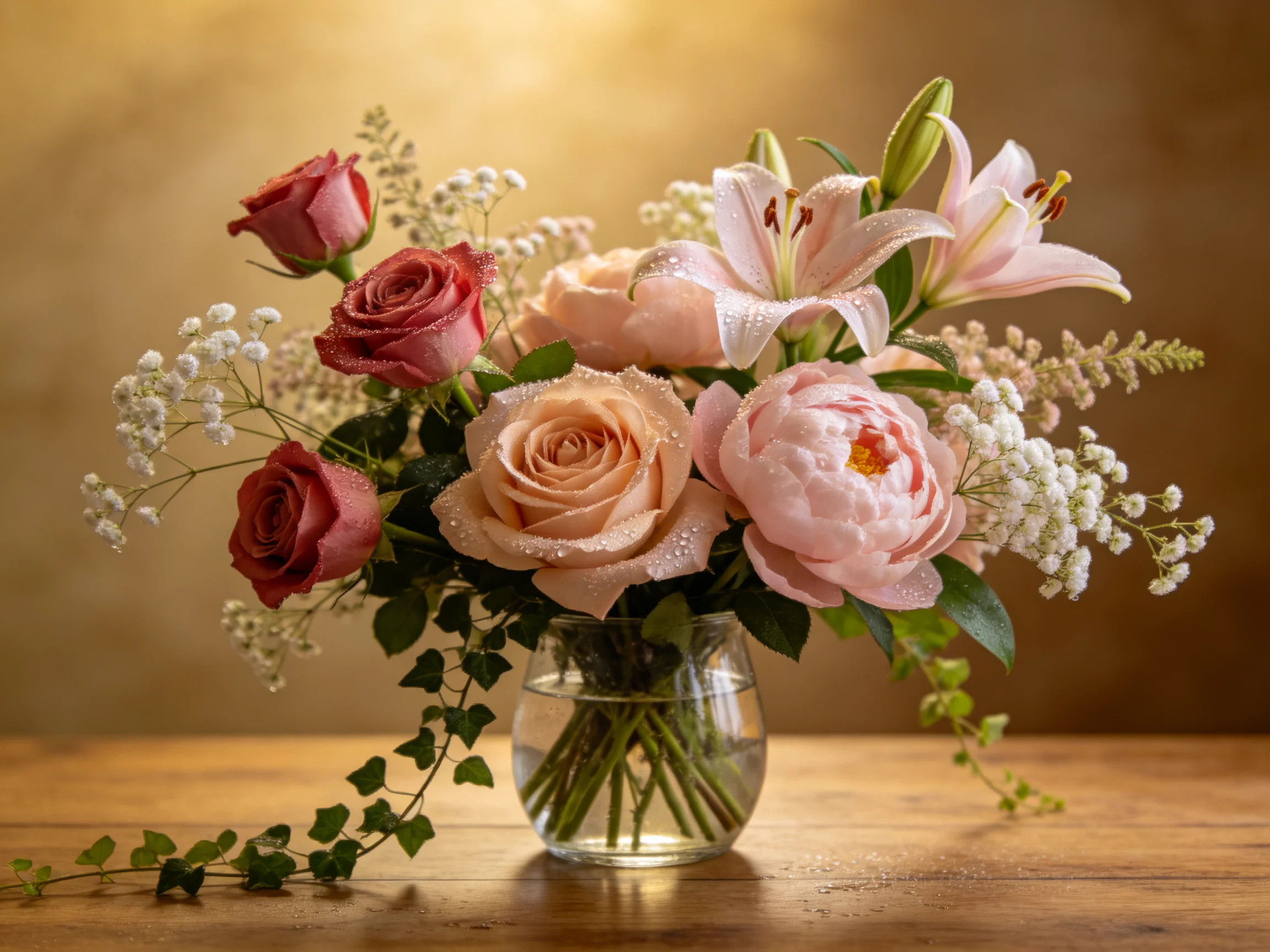 A mixed flower bouquet with roses, lilies, and peonies