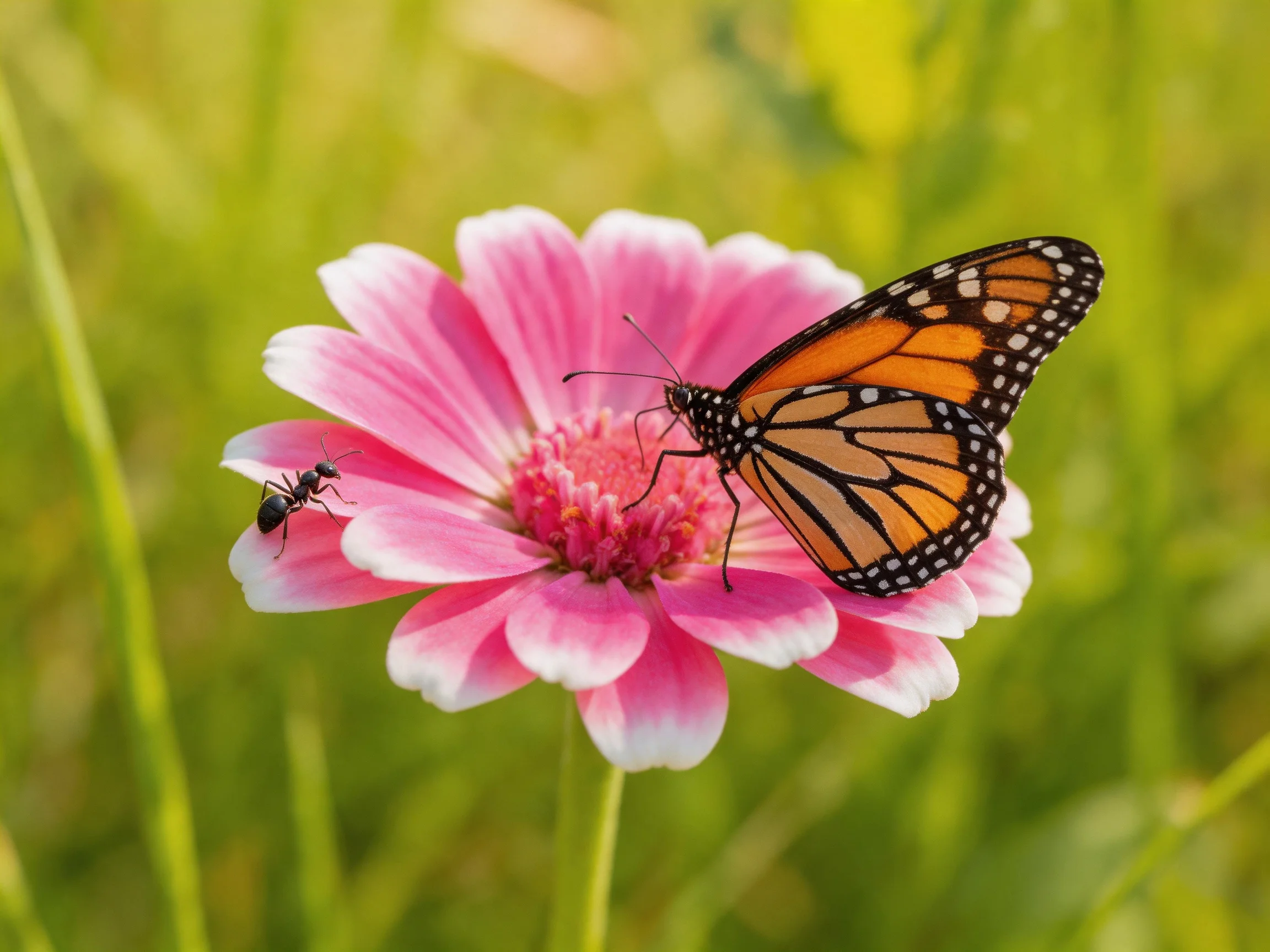 A monarch butterfly and an ant rest on a pink-and-white flower in a green meadow