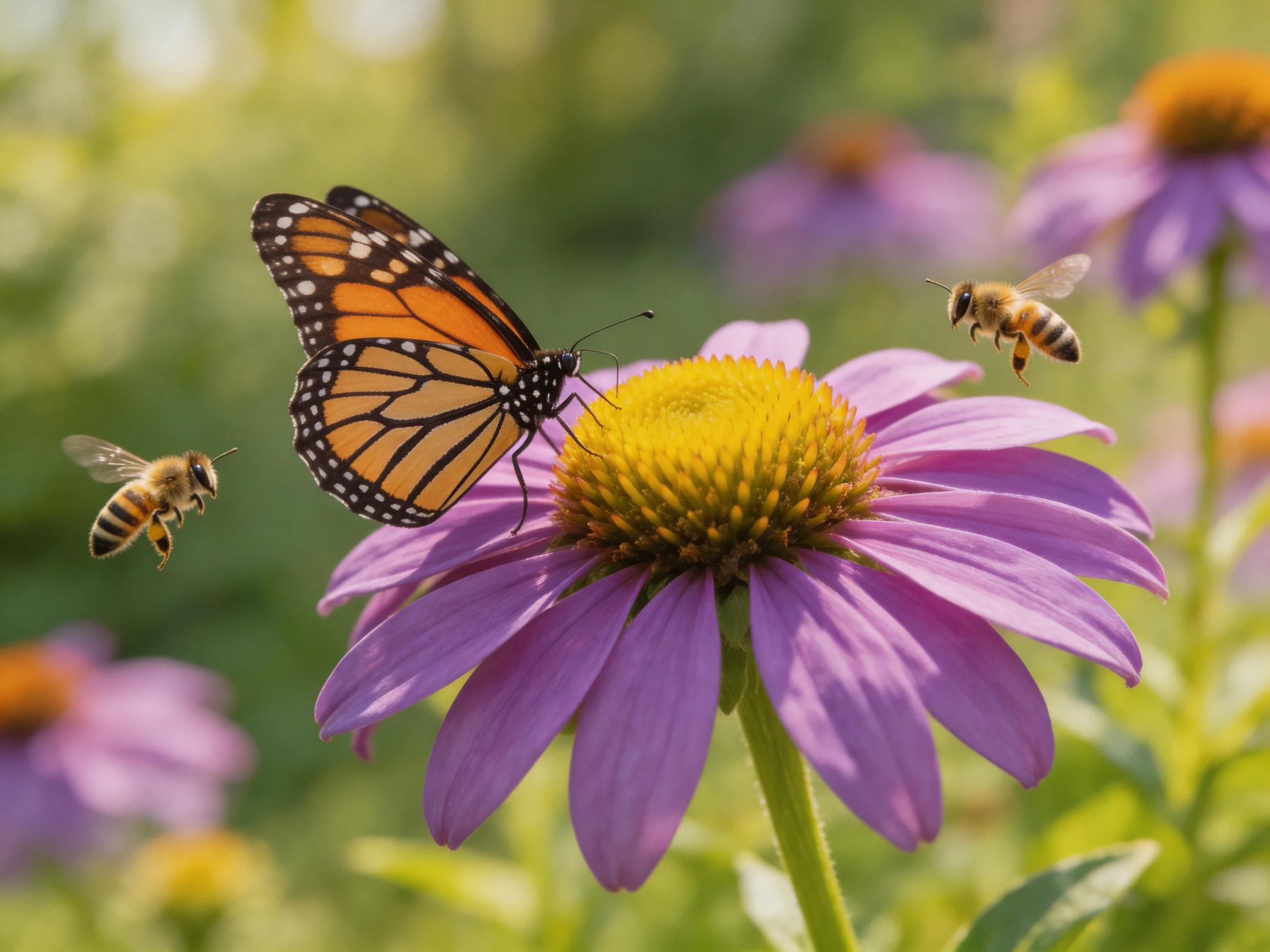 A monarch butterfly and two honeybees gather nectar from a vibrant purple coneflower