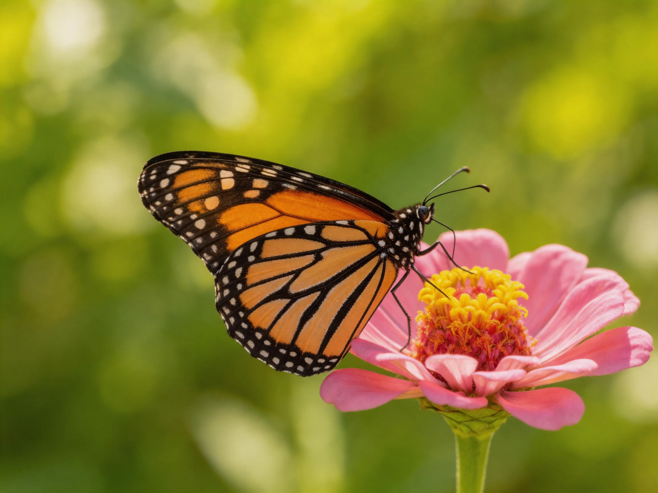 A monarch butterfly feeds on a pink zinnia flower