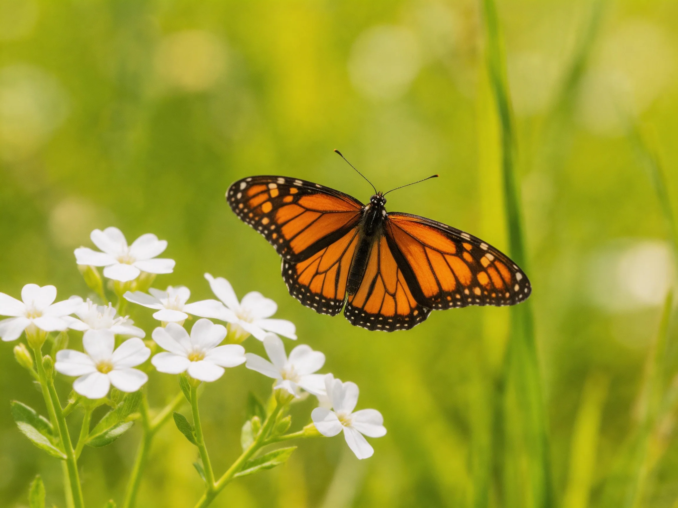 A monarch butterfly near delicate white flowers in a sun-dappled meadow