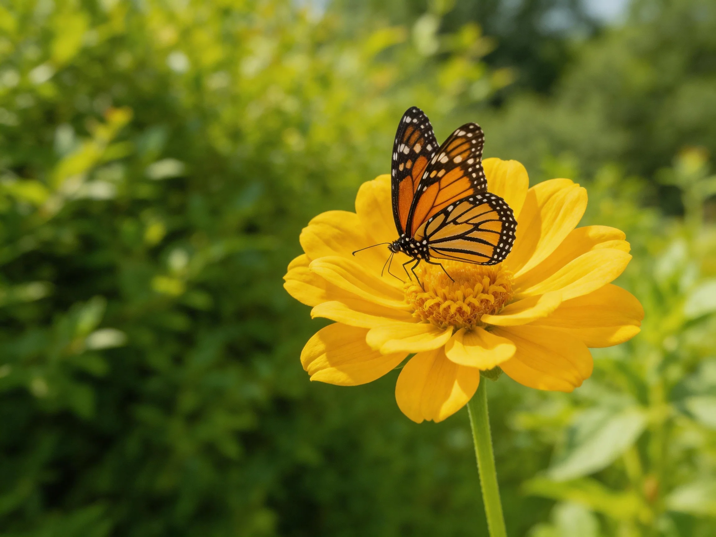 A monarch butterfly on a bright yellow flower amid greenery