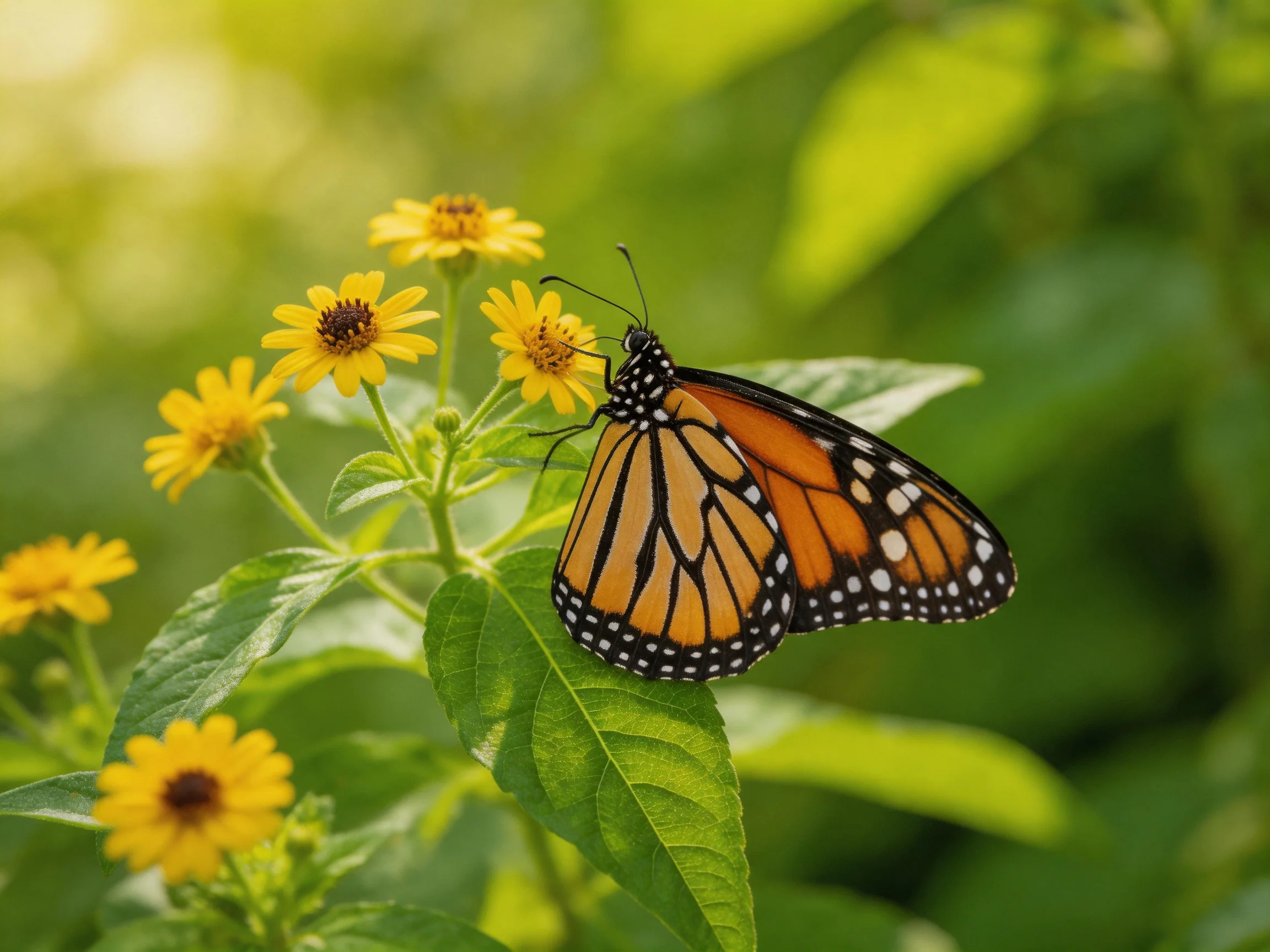 A monarch butterfly on bright yellow flowers with green foliage