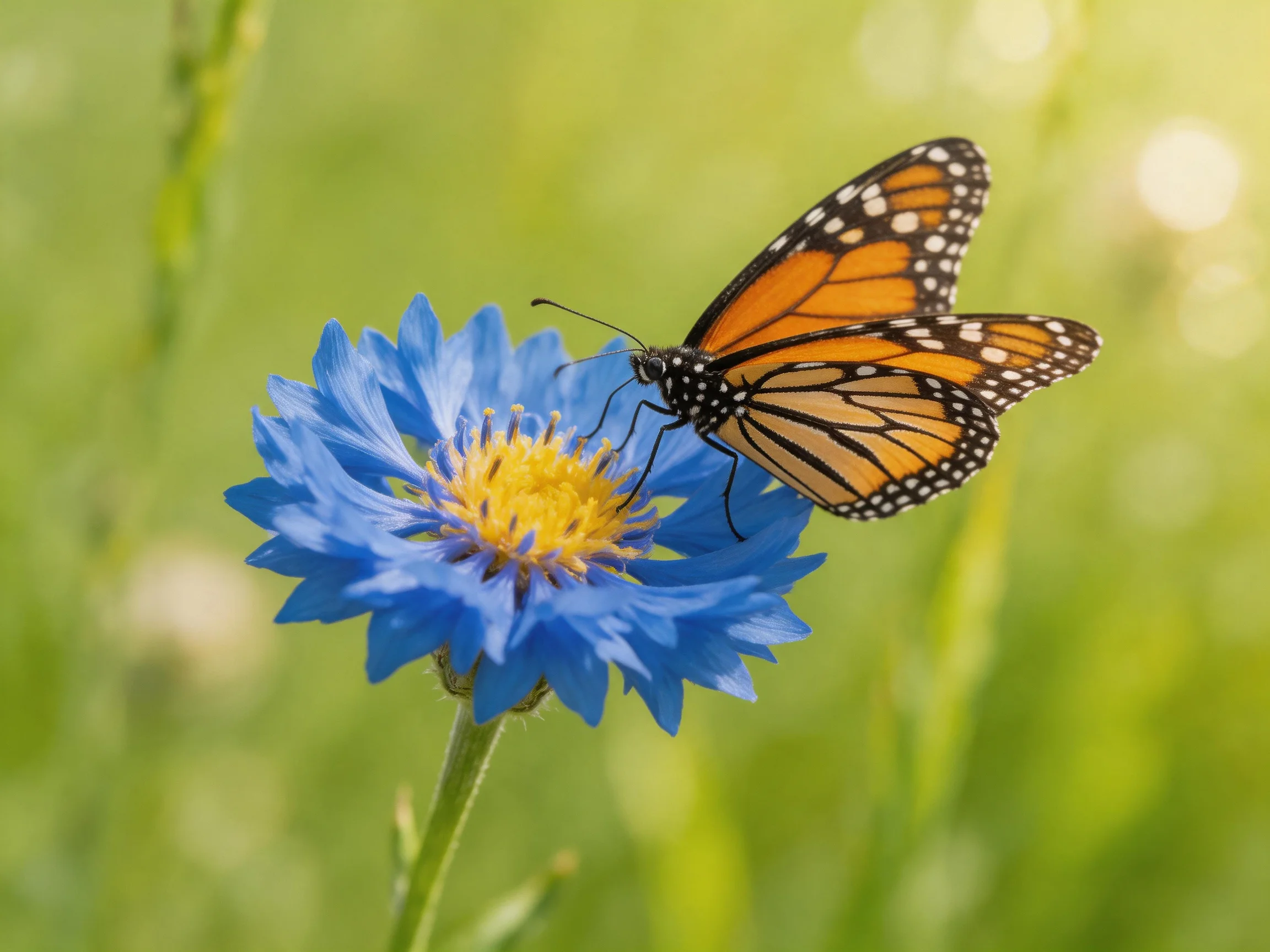 A monarch butterfly perched on a bright blue flower with yellow center