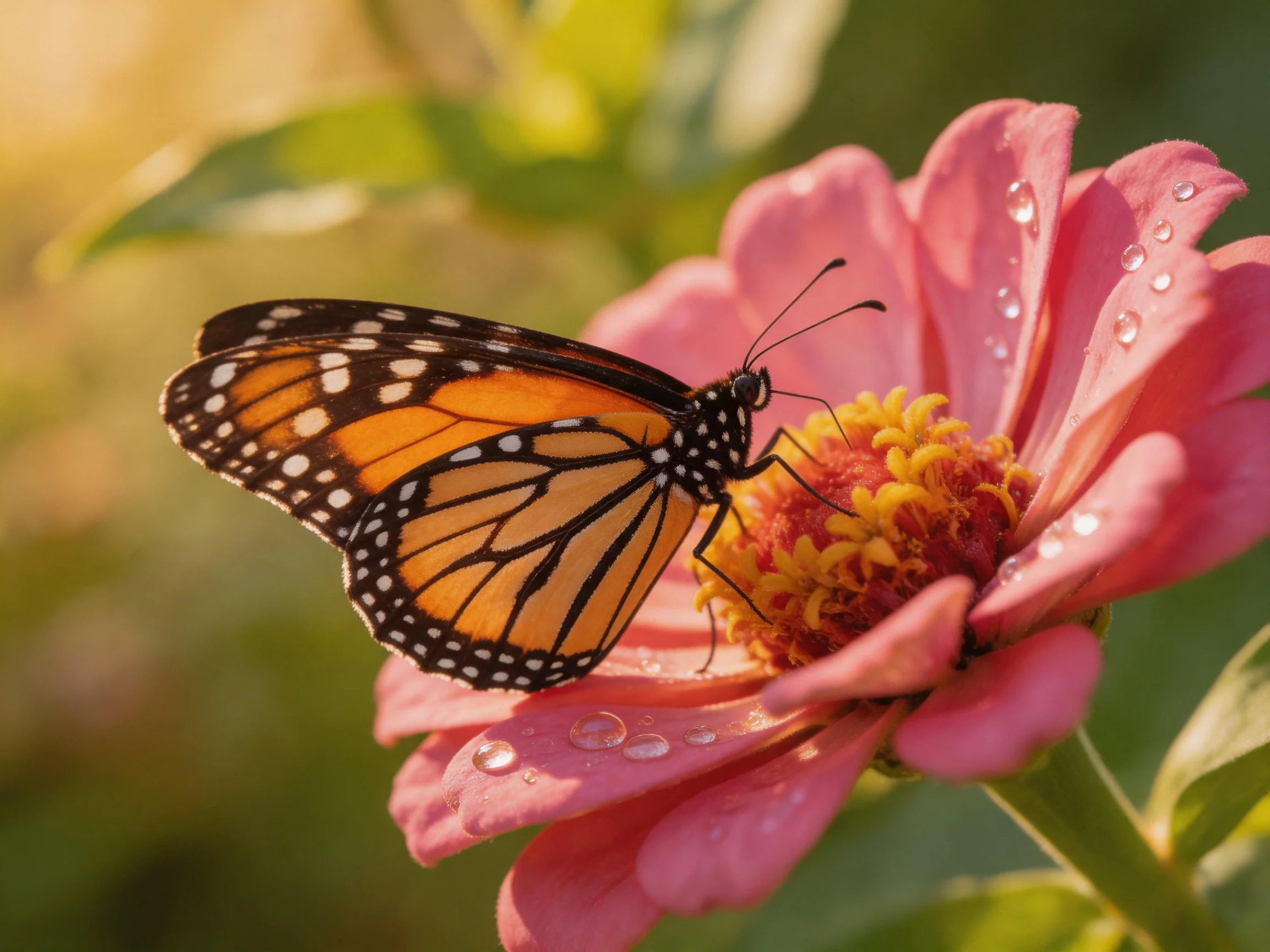 A monarch butterfly perched on a dewy pink zinnia flower