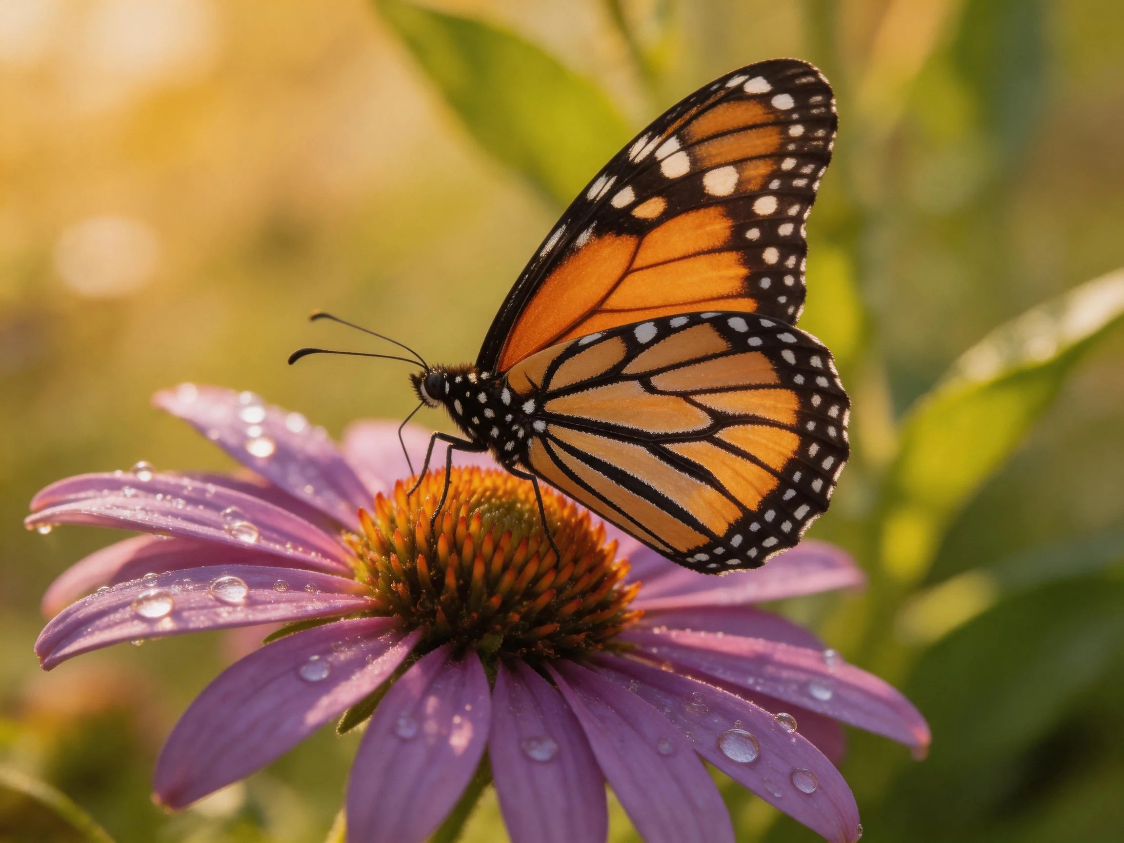 A monarch butterfly perched on a dewy purple coneflower