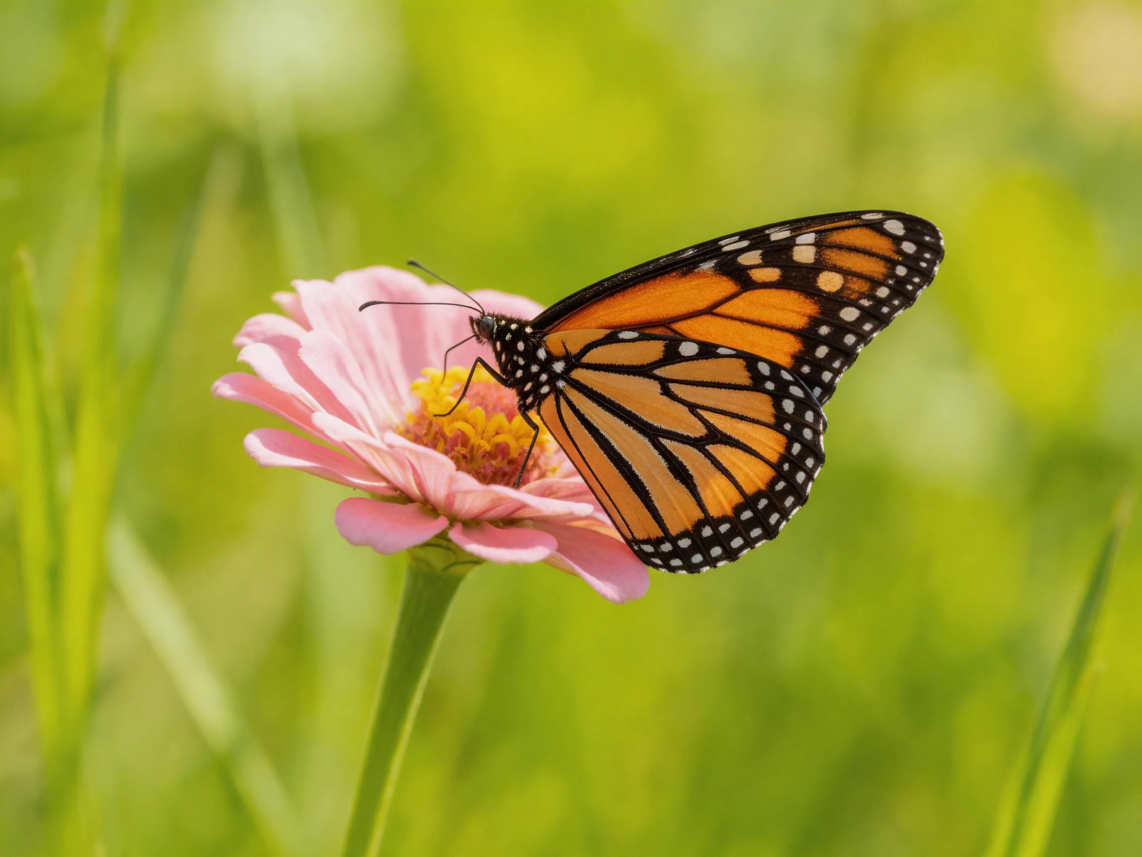 A monarch butterfly perched on a pink zinnia flower in a lush green landscape