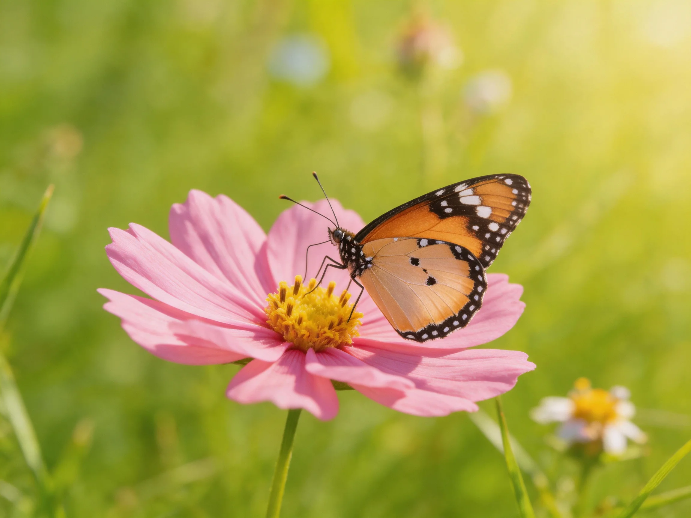 A monarch butterfly perched on a vibrant pink cosmos flower